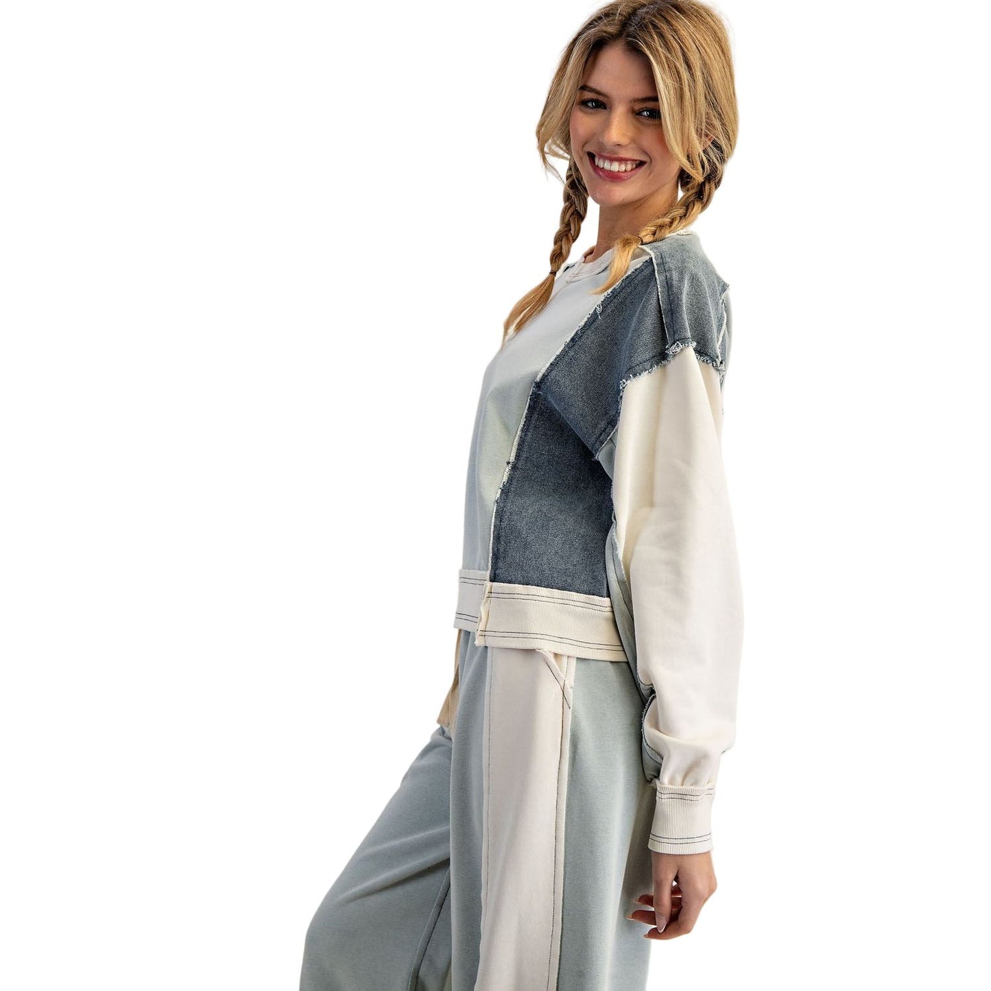 Women's ee:some Frayed Color Block Long Sleeve Pullover TK13004