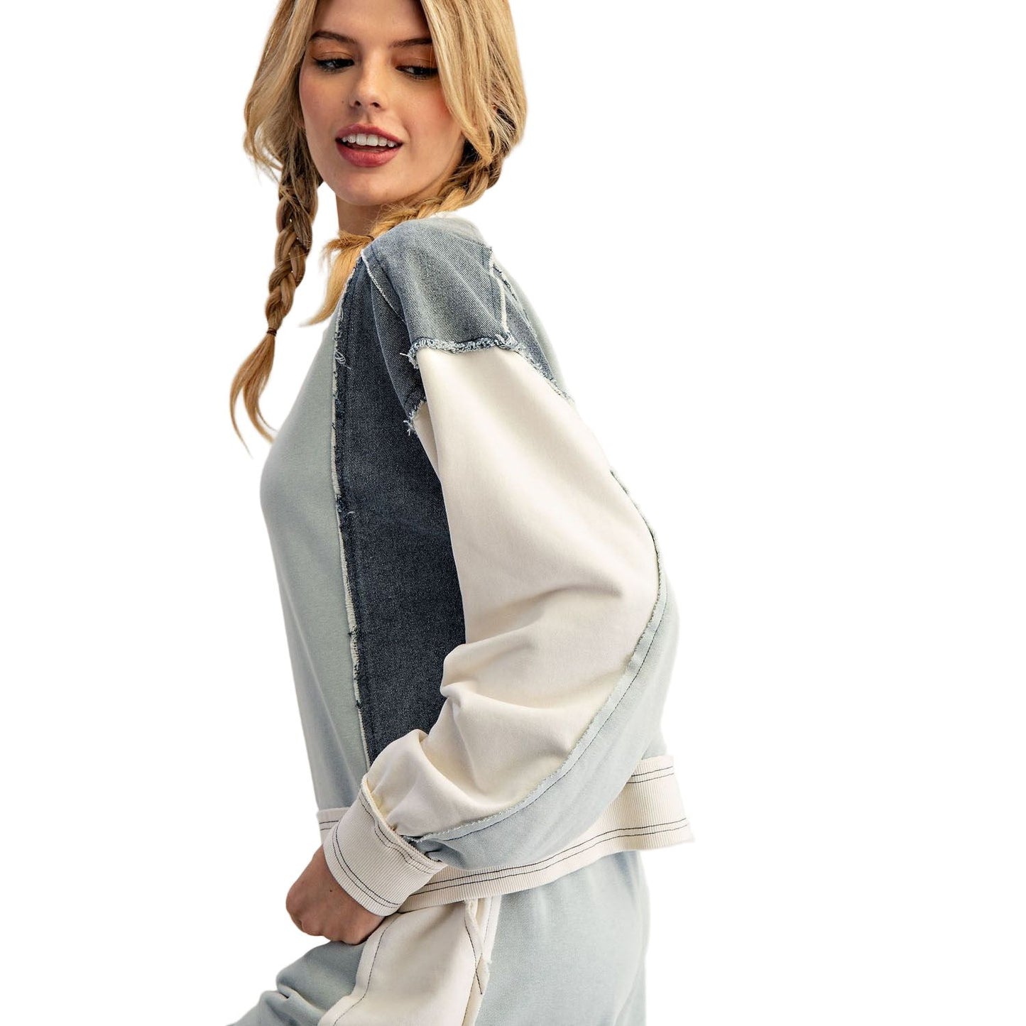 Women's ee:some Frayed Color Block Long Sleeve Pullover TK13004