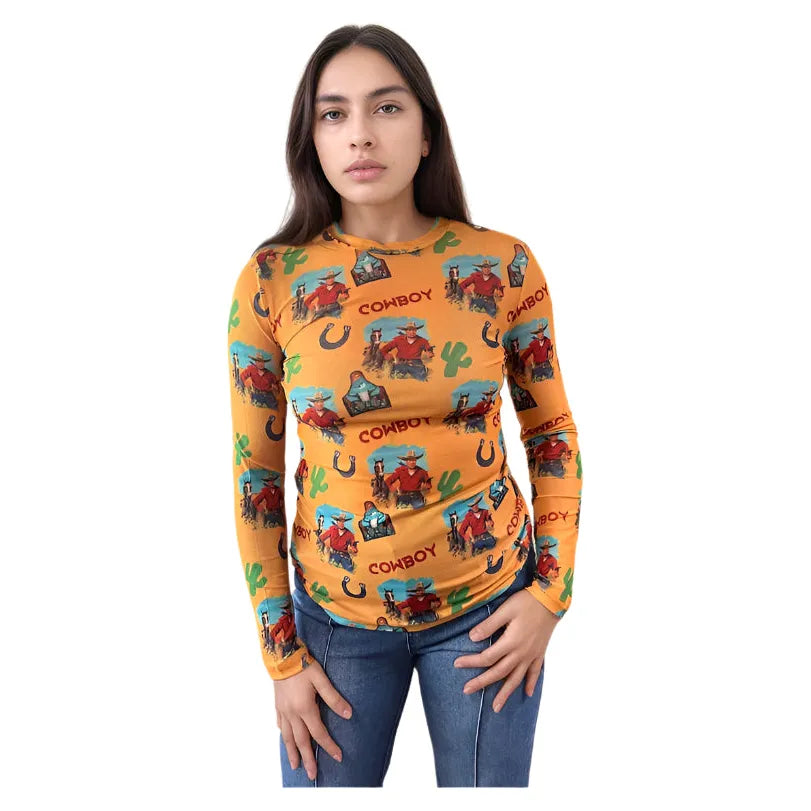 Women's Vintage Cowboy Mesh Top - Crazy House Western Wear