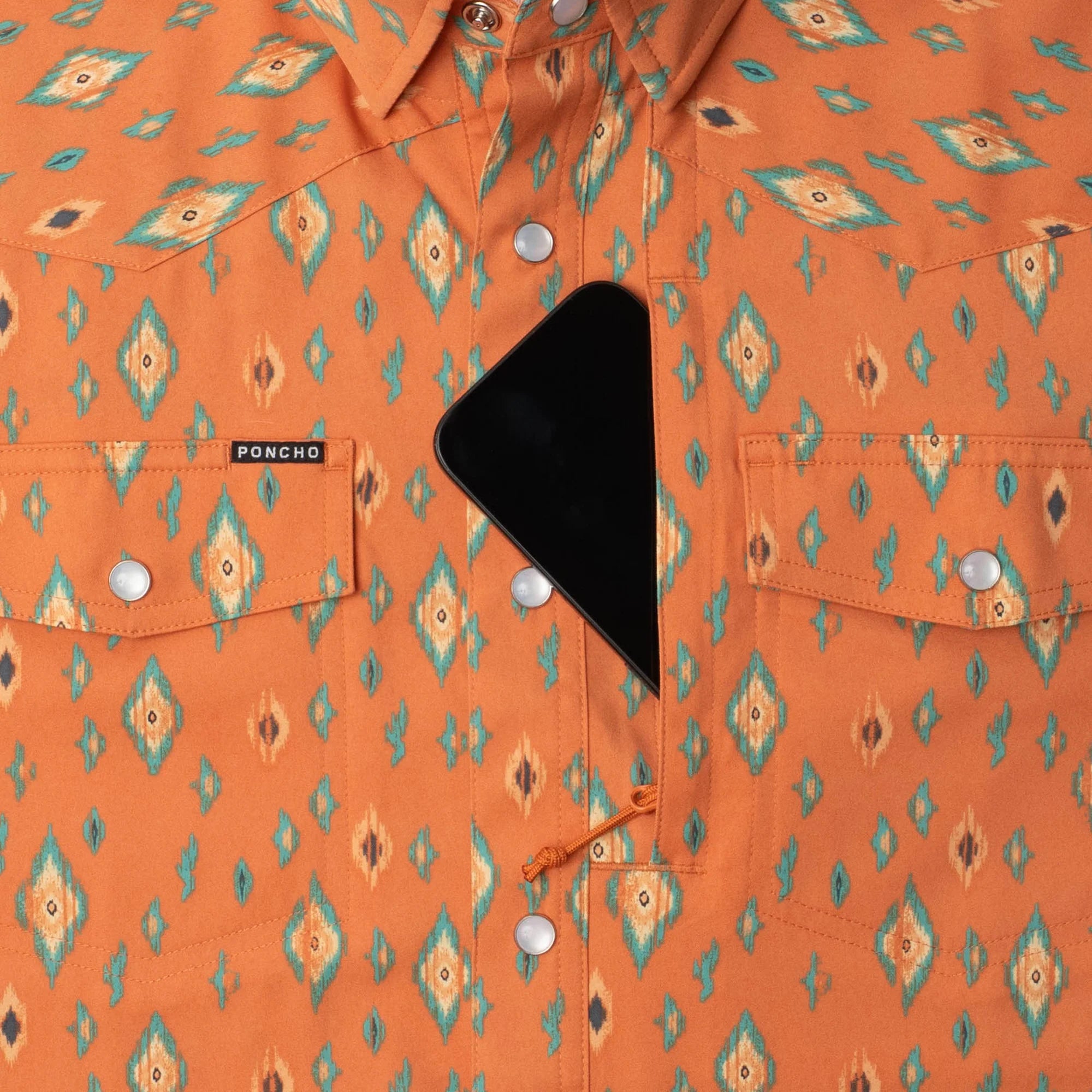 Men's Poncho "The Bisbee" Orange Retro Diamond Print Snap Shirt