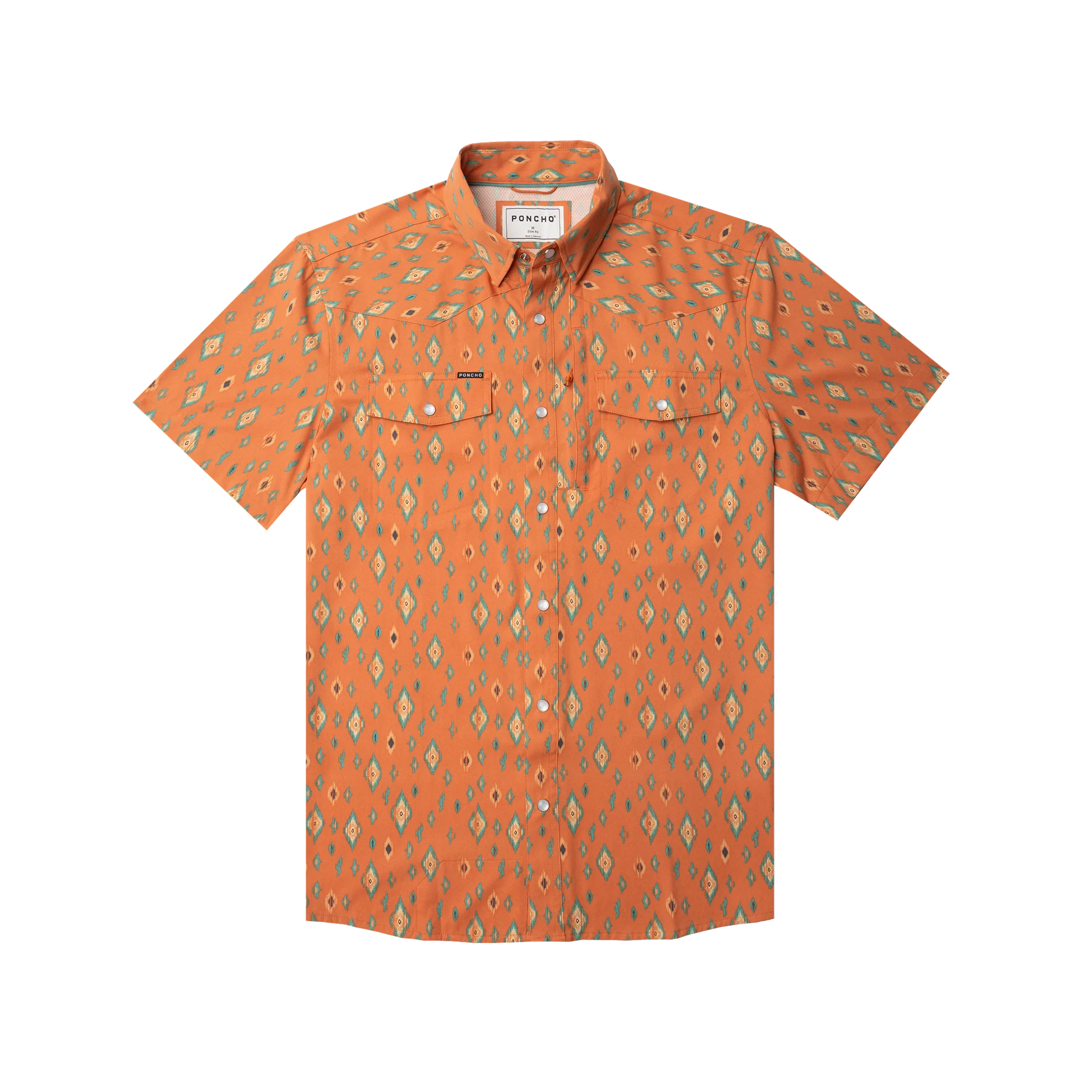 Men's Poncho "The Bisbee" Orange Retro Diamond Print Snap Shirt