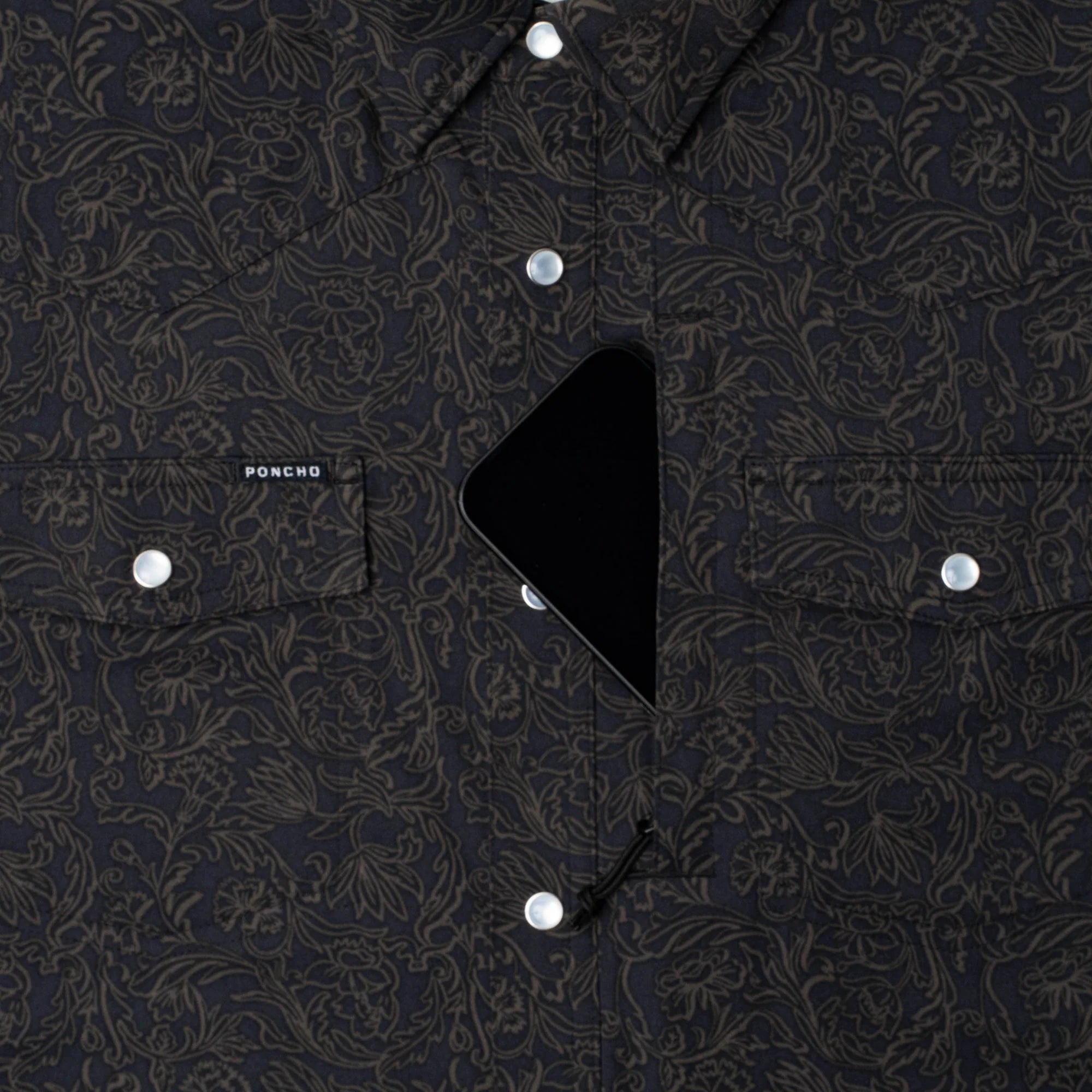 Men's Poncho "The John Coffee" Black Floral Print Short Sleeve Snap Shirt