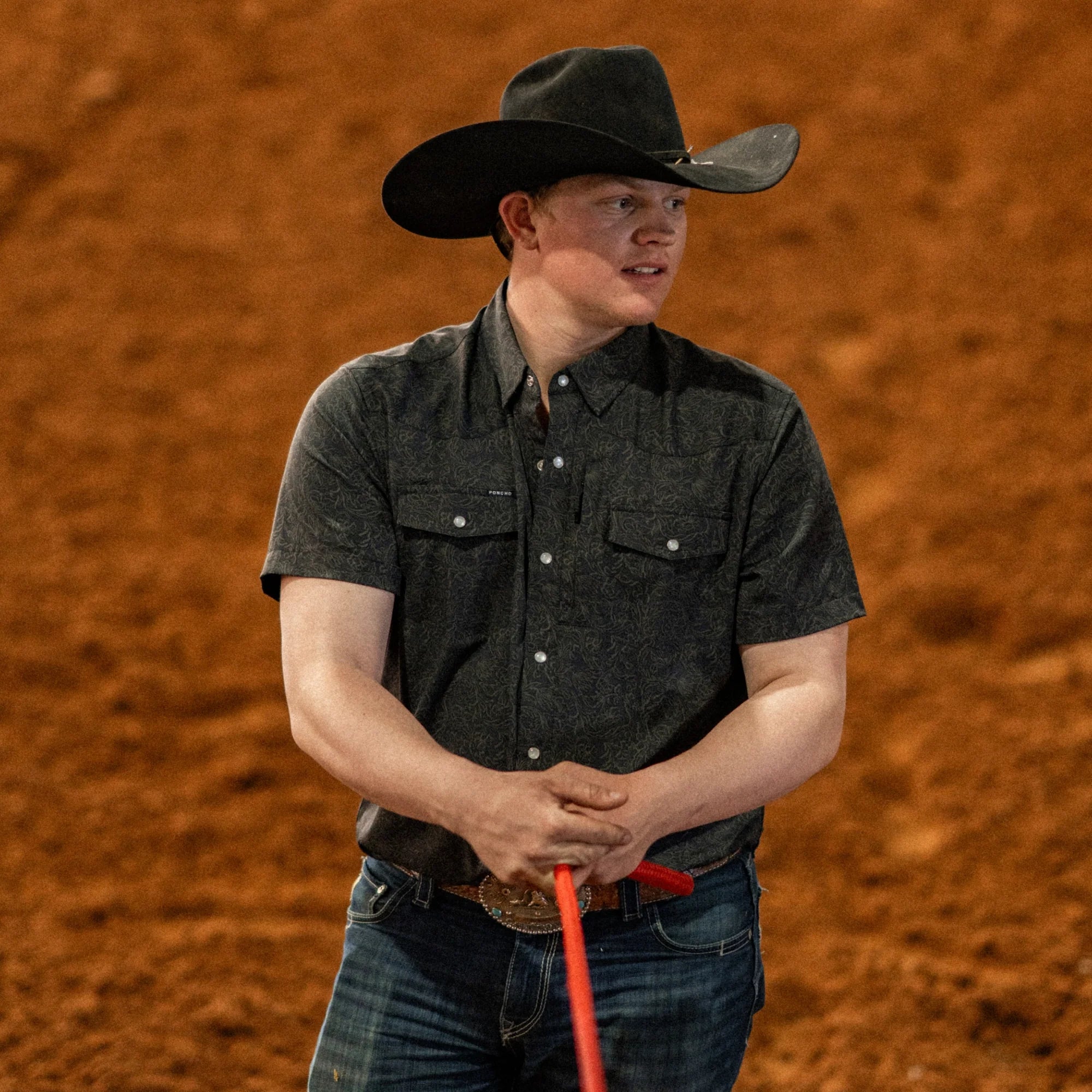 Men's Poncho "The John Coffee" Black Floral Print Short Sleeve Snap Shirt