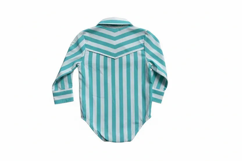 Boy's Infant 2 Rowels Ranch Turquoise and White Long Sleeve Performance Snap Onesie