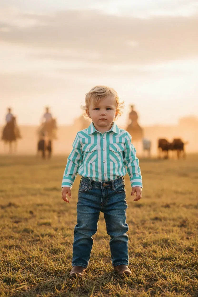Boy's Infant 2 Rowels Ranch Turquoise and White Long Sleeve Performance Snap Onesie