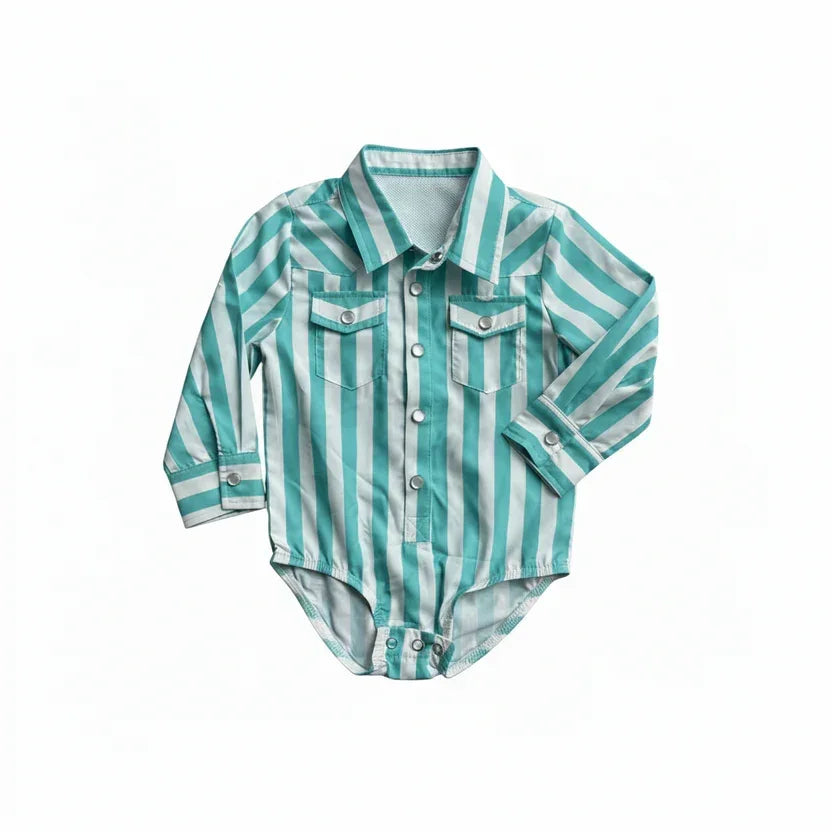 Boy's Infant 2 Rowels Ranch Turquoise and White Long Sleeve Performance Snap Onesie
