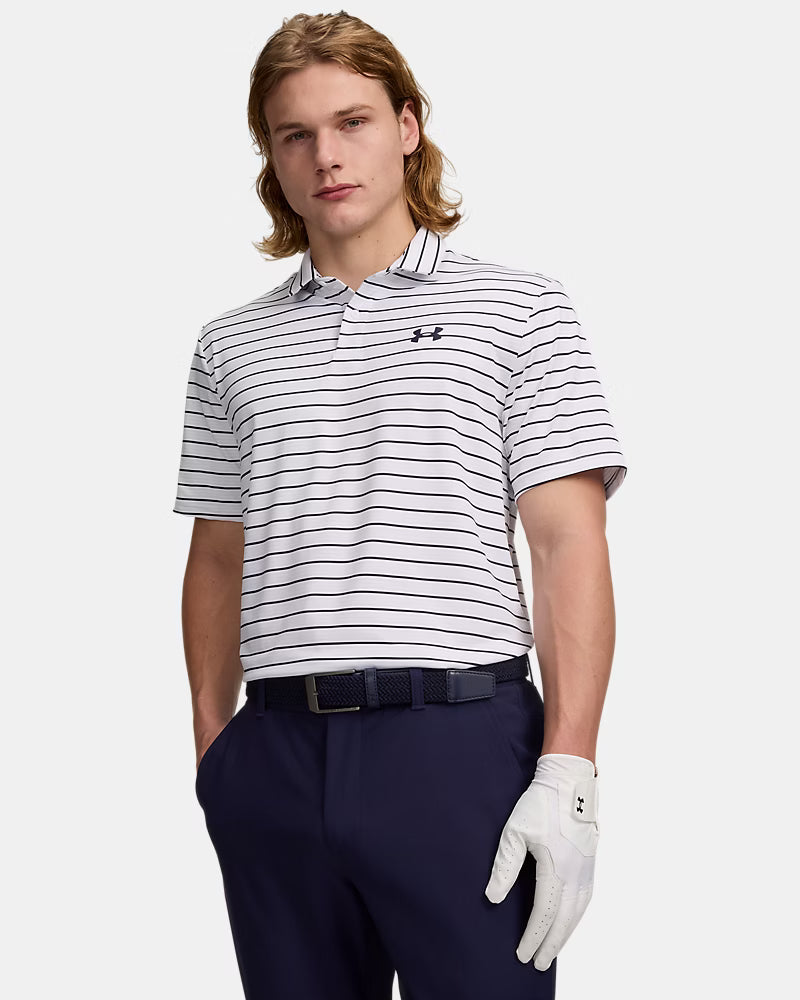 Under Armour Men's White/Gray and Navy Matchplay Striped Polo 6010980-100