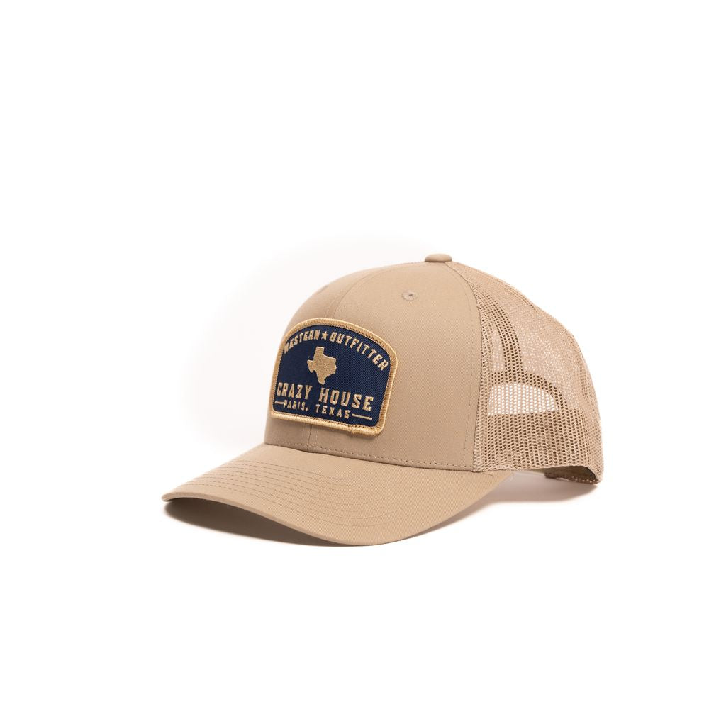 Crazy House Unisex Khaki Snapback with Navy Outfitter Patch - Crazy House Western Wear