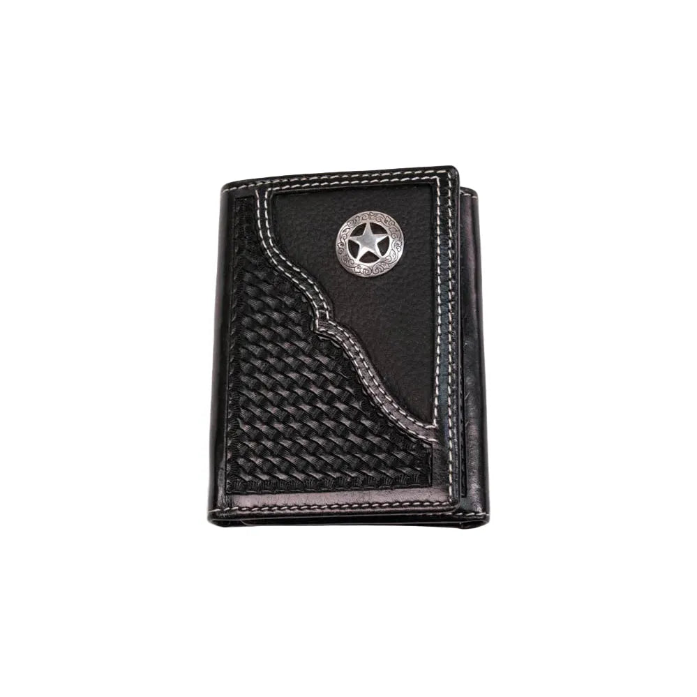 Men's Cowboy Chrome Black Western Star Concho Accent Trifold Wallet W371