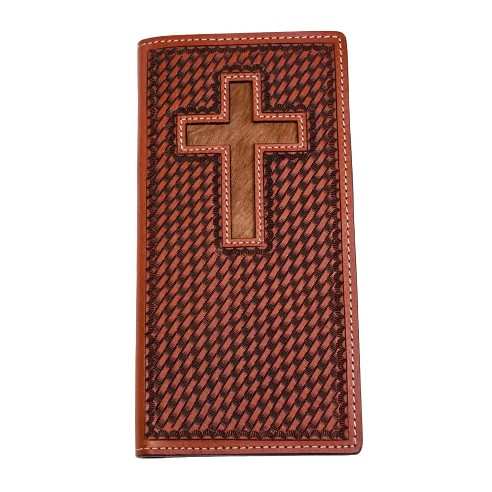Men's Cowboy Chrome Cognac Basket Weave with Inlay Cross Rodeo Style W416