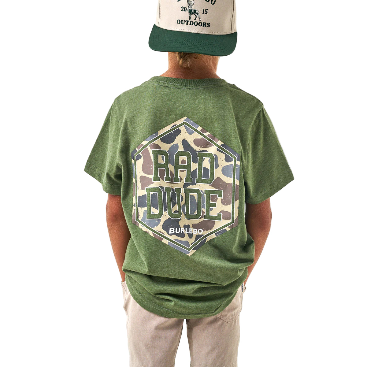 Boy's Burlebo Short Sleeve Tee Rad Dude Deer Camo Heather Olive Y-SST-DUDDC-HO