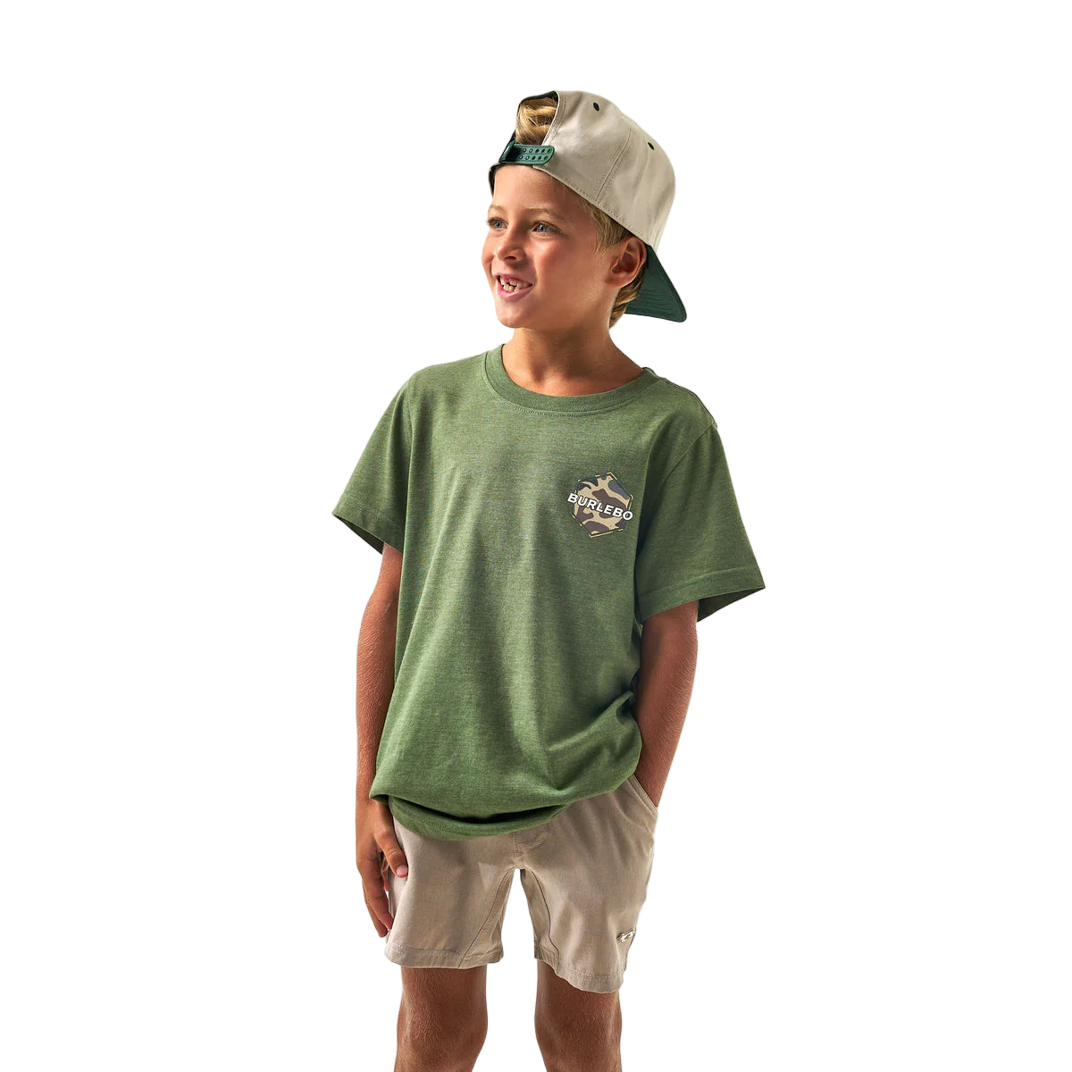 Boy's Burlebo Short Sleeve Tee Rad Dude Deer Camo Heather Olive Y-SST-DUDDC-HO