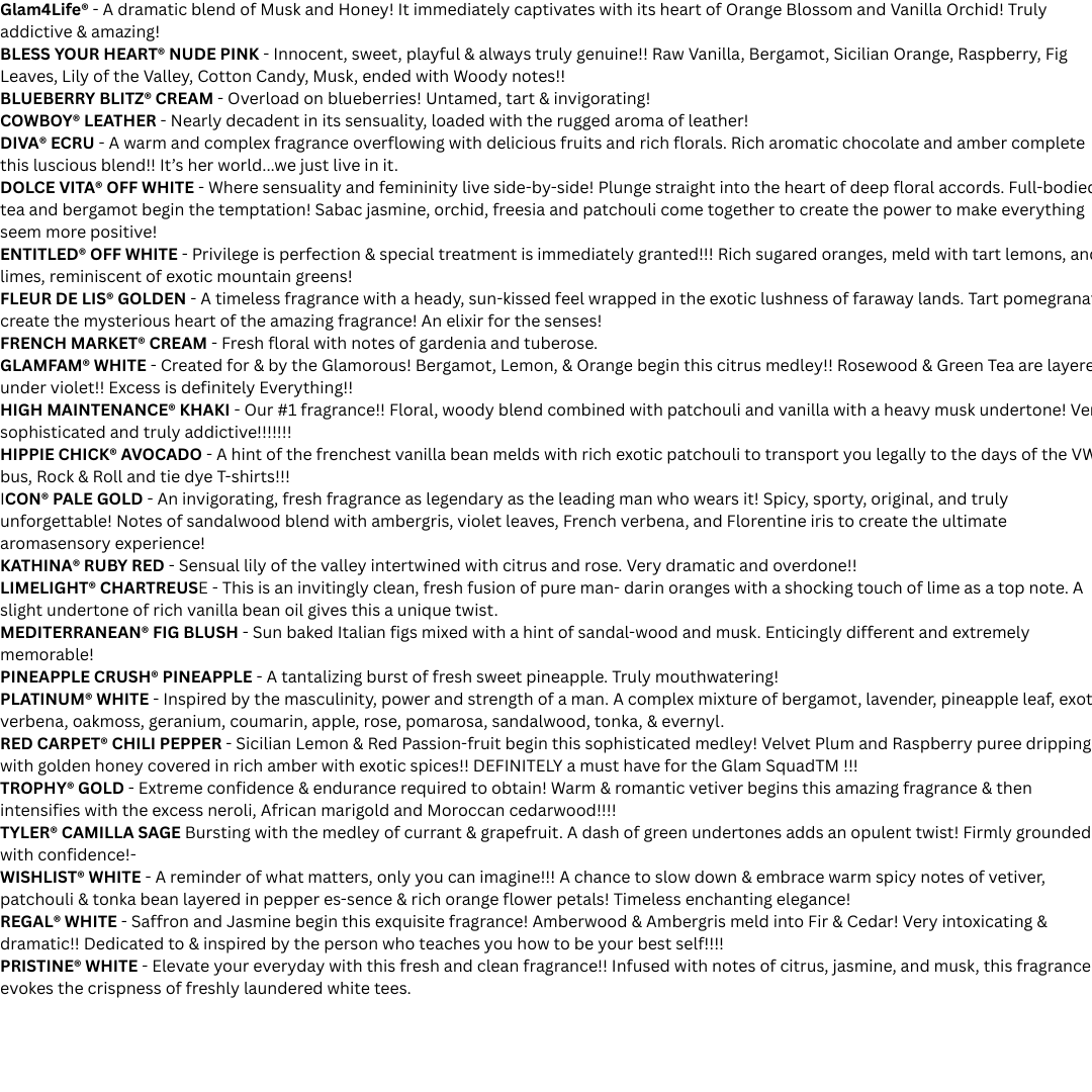 Text description of various fragrances with their names and brief descriptions on a white background.