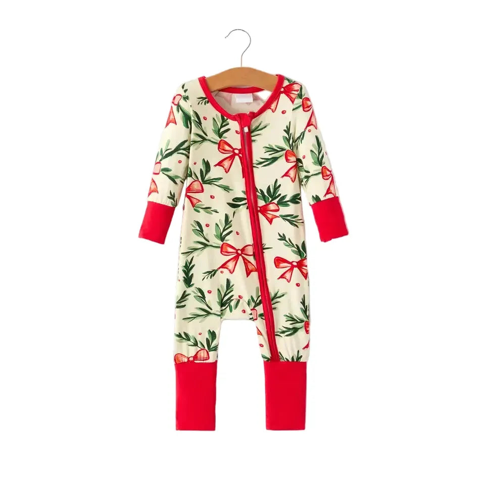 Girl's Christmas Bow and Holly Print Pajama Romper RPG53314 18M