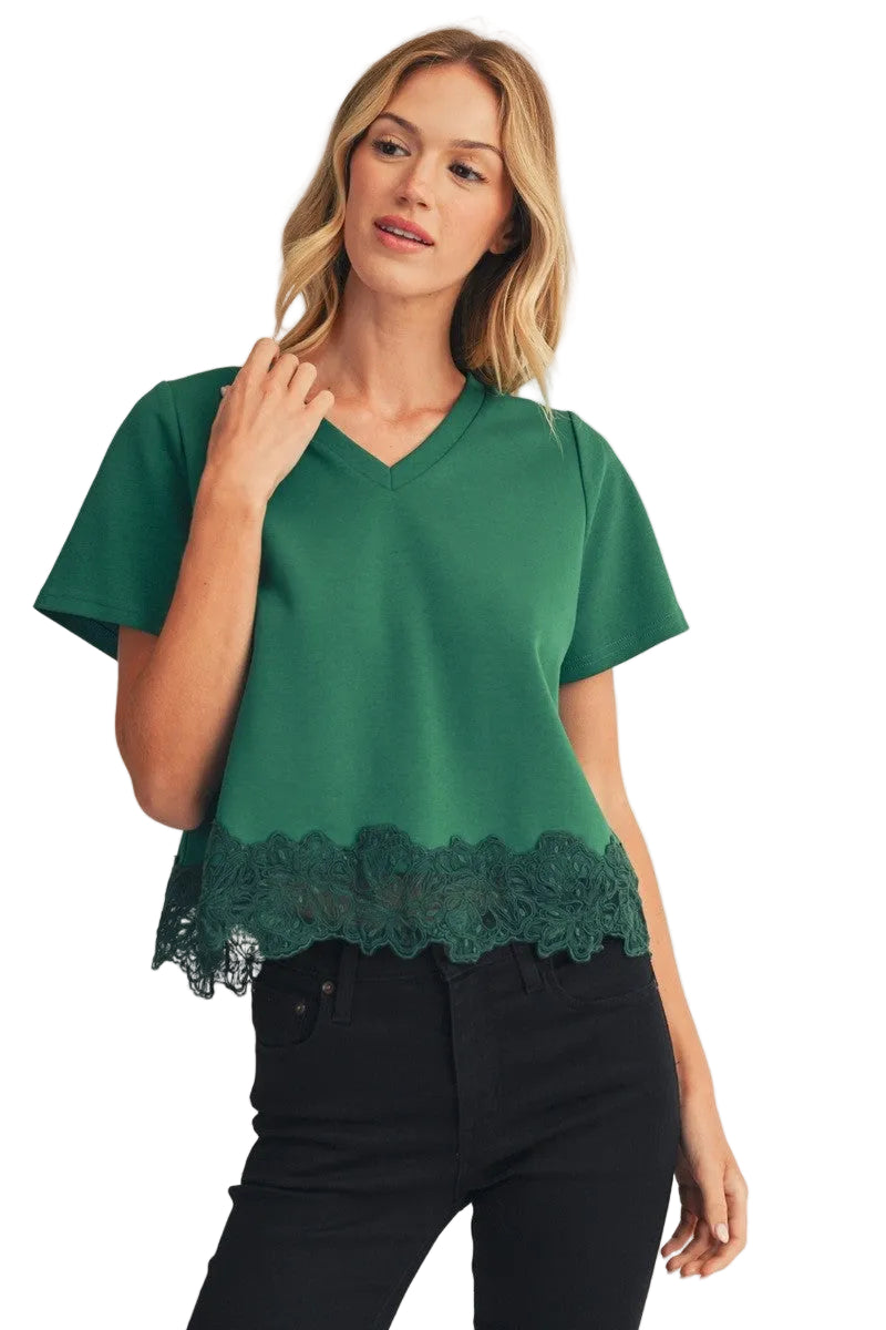 Jodifl Women's Lace Patch Hem Detail Solid Top