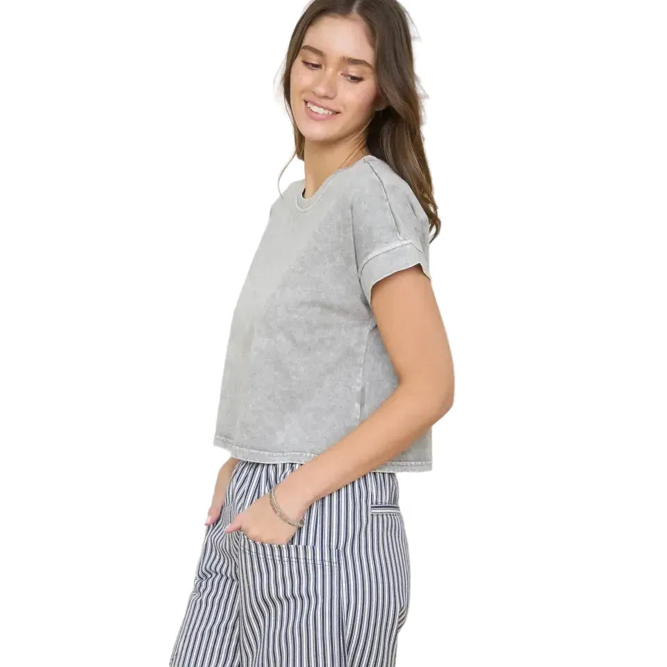 Women's Washed Short Sleeve Boxy Knit Top J5FP1005-T