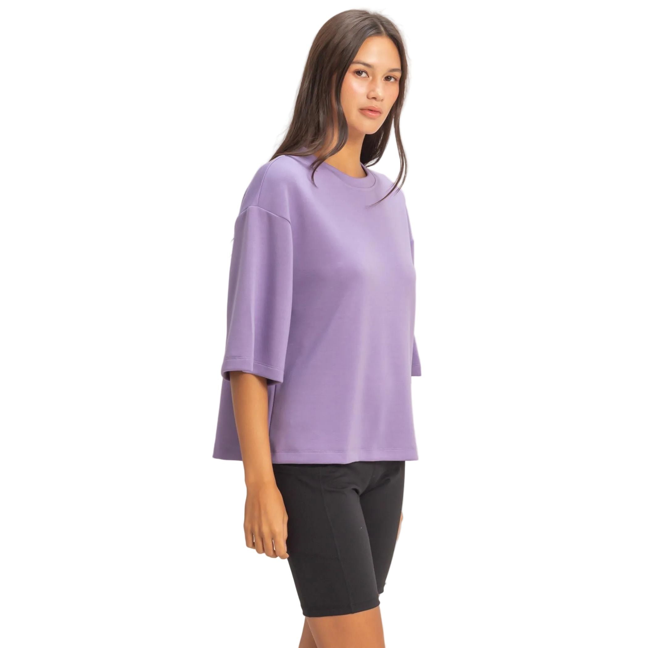 Women's Purple Scuba Short Sleeve Boxy Top DZ26A271-PRPL-WB