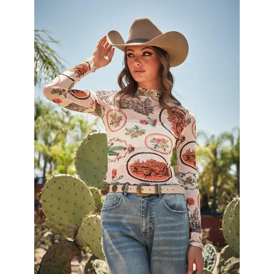 Women's Blue B Western Motif Mesh Mock Neck Long Sleeve Top 33147T