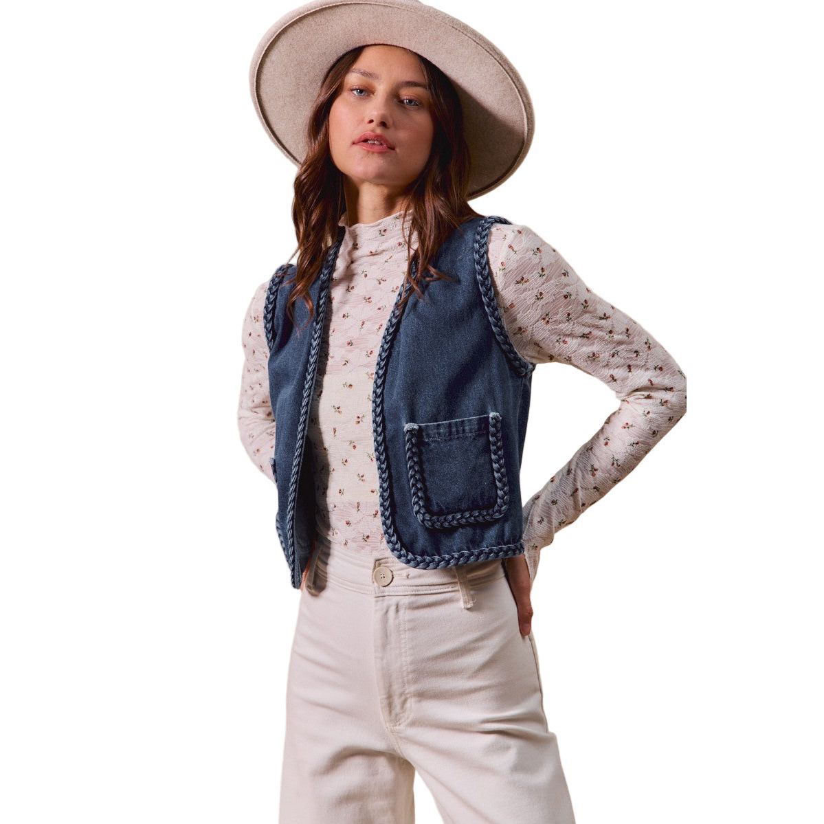 Women's Front Pockets Braided Trim Denim Vest ST3097E-01