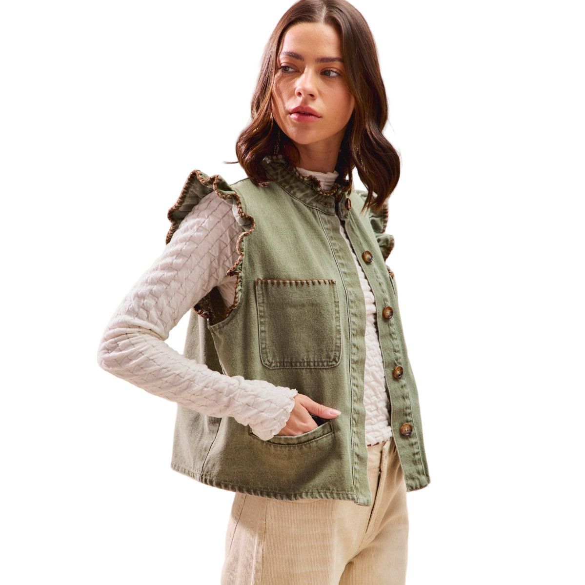 Women's Olive Washed Denim Stitch Ruffled Hidden Button Vest Top