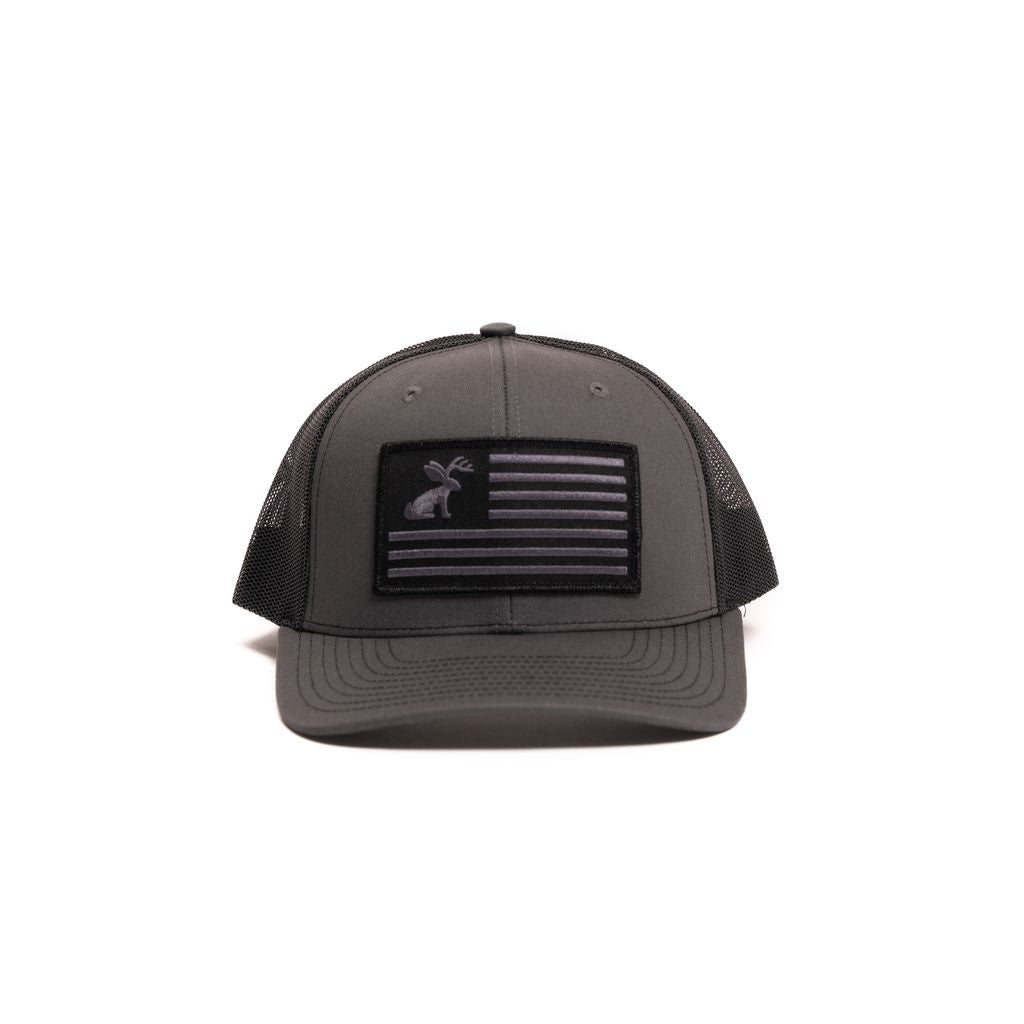 Crazy House Unisex Grey and Black Snapback with Jackelope Flag Patch - Crazy House Western Wear