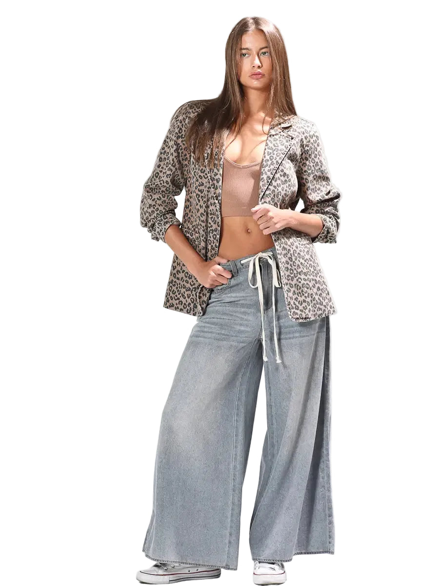 Women's Tan Leopard Print Single Button Casual Denim Blazer