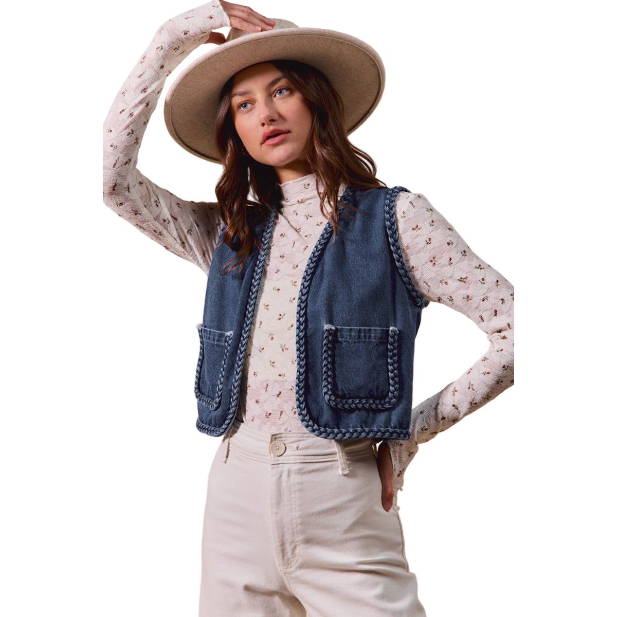 Women's Front Pockets Braided Trim Denim Vest ST3097E-01