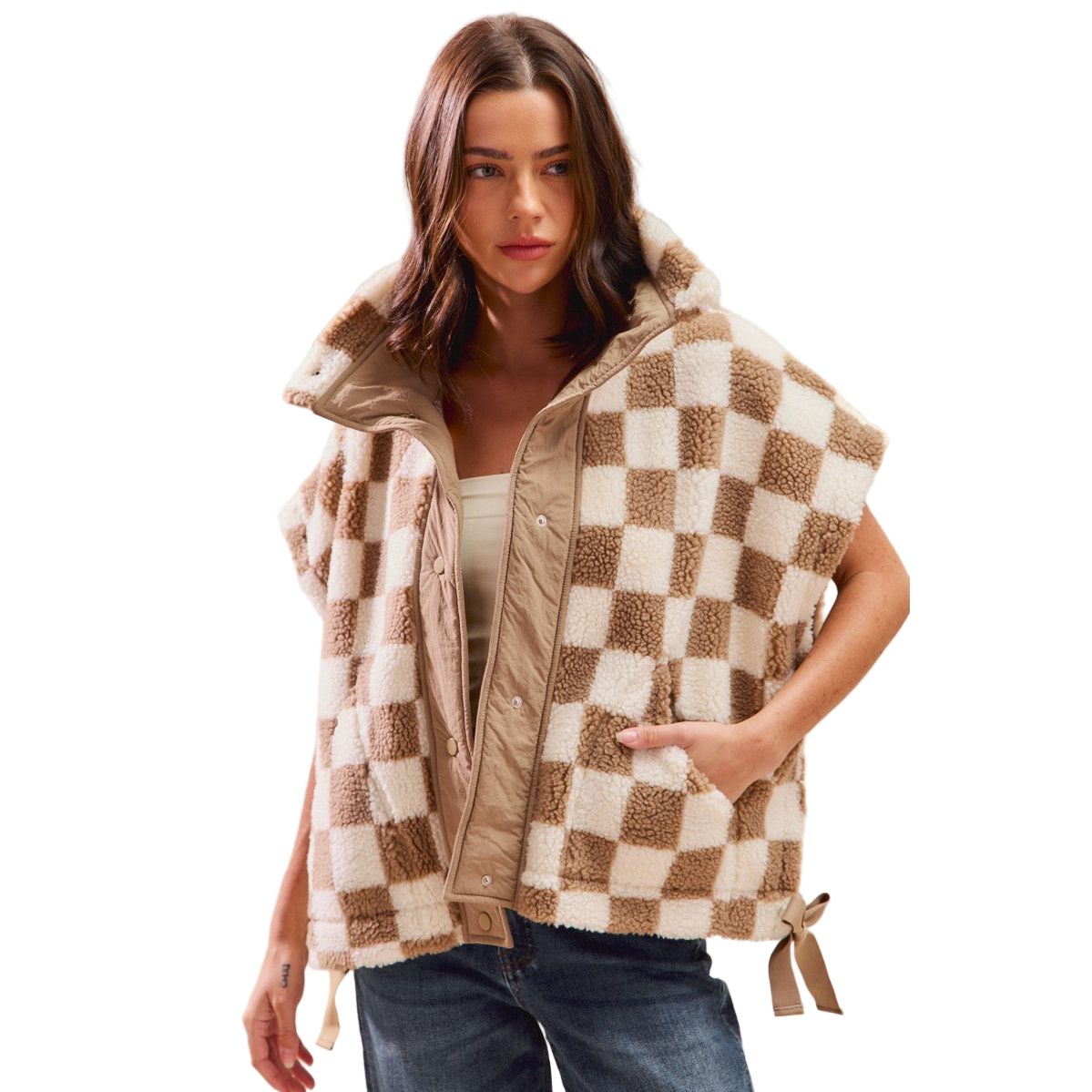Women's Oversized Sherpa Fleece Checker Vest Jacket ST2049F
