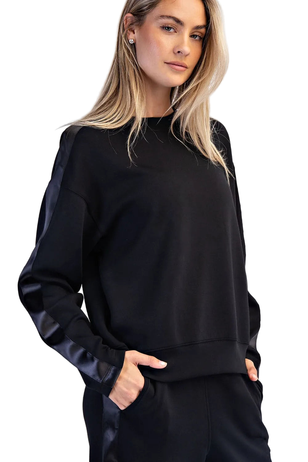 Women's Rae Mode Scuba Luxe Satin Crew Neck Pullover T0068