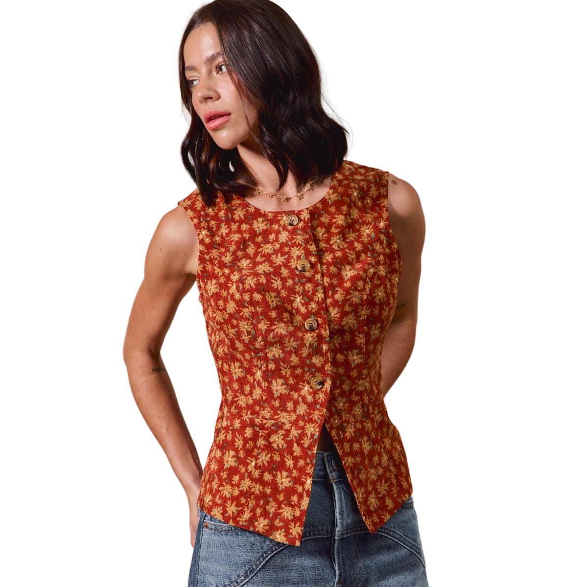Women's Slim Fit Button Front Floral Corduroy Vest Top ST2710F-05