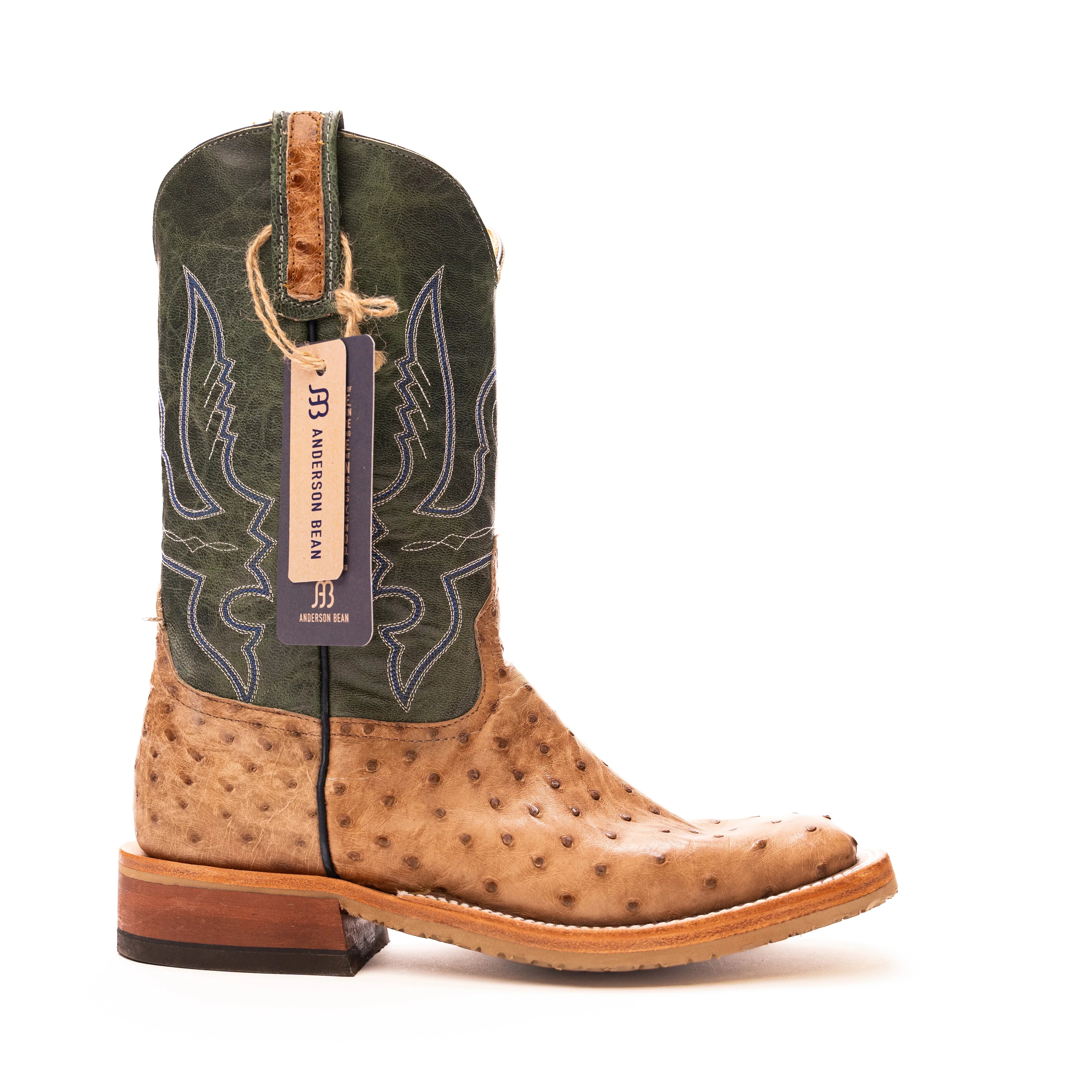 Anderson Bean Tan Full Quill Ostrich with 13" Green Tops - Crazy House Western Wear