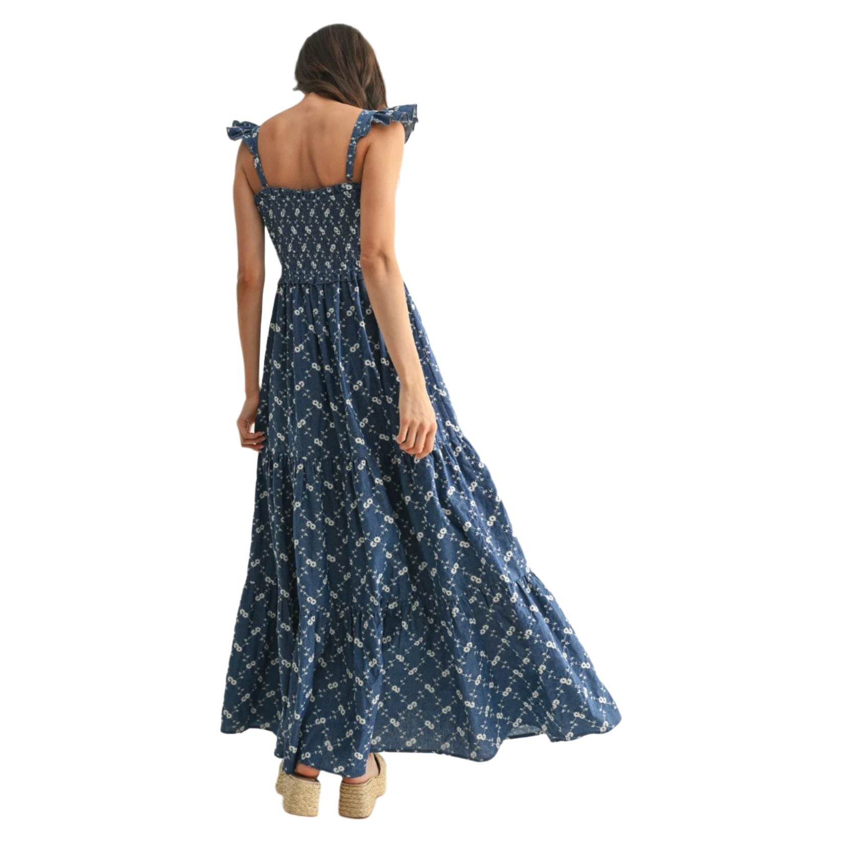 Women's Denim Floral Maxi Dress - Crazy House Western Wear