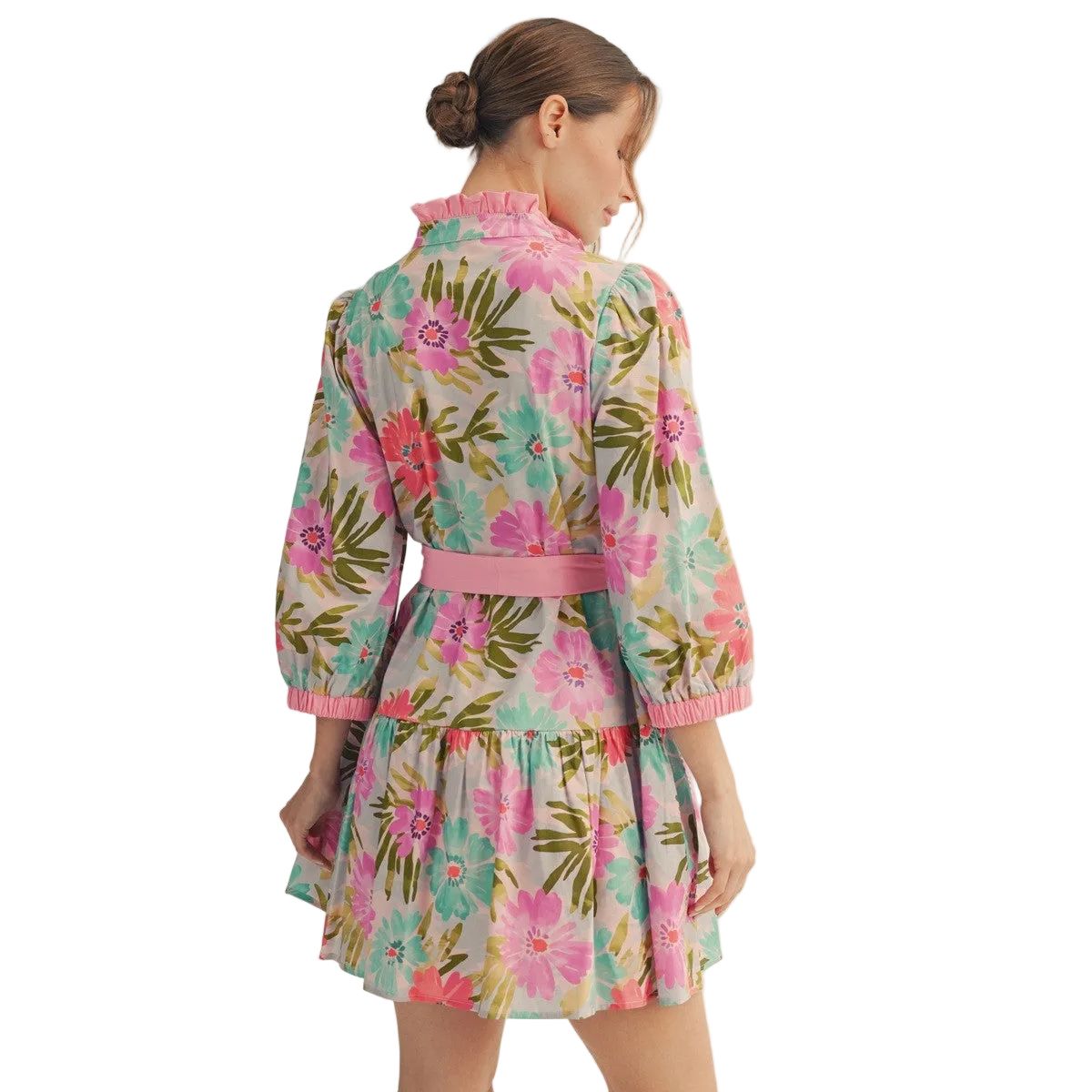 Women's Pink Mix Waist Tie Floral Tiered Dress M50180