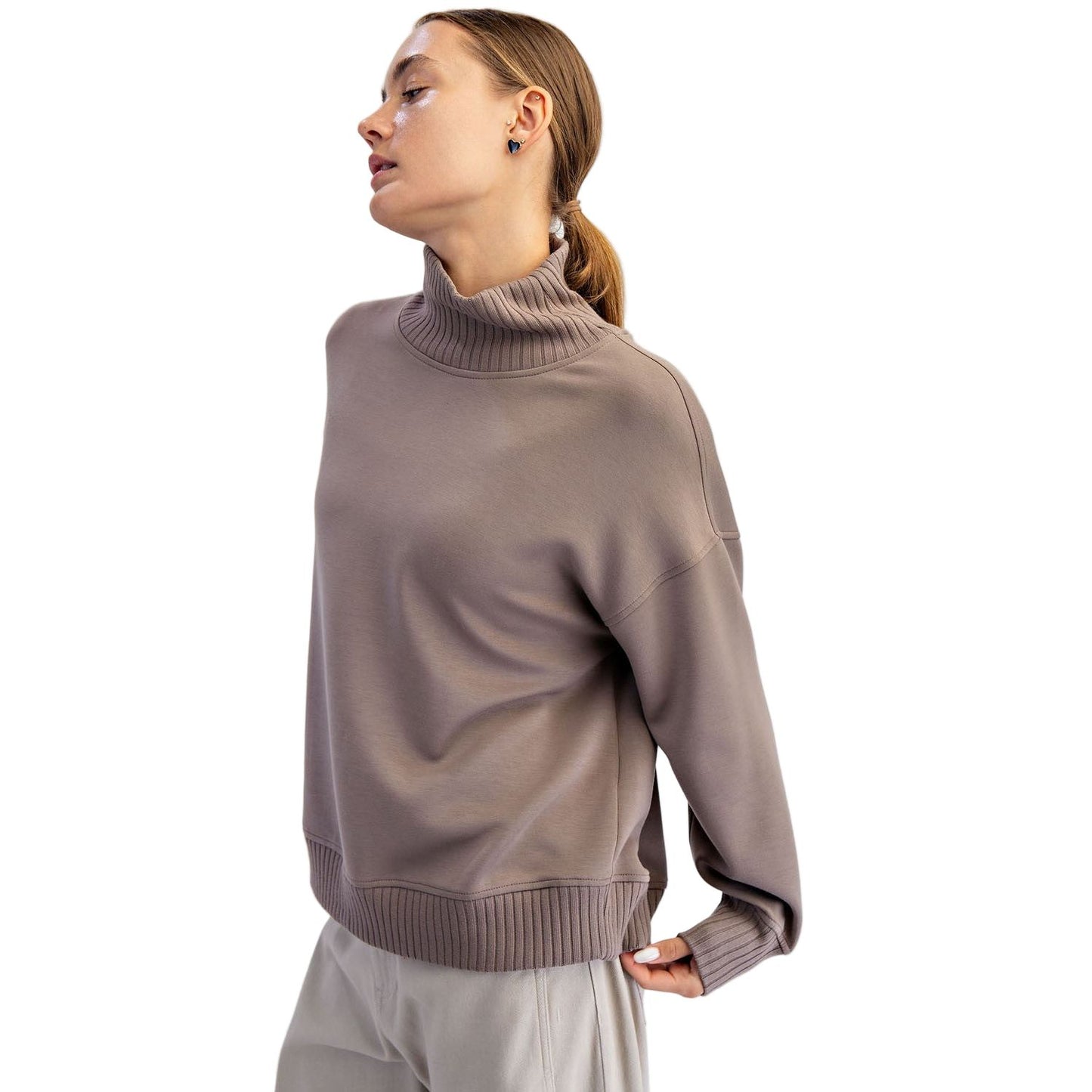 Women's Modal Scuba Ribbed Mock Neck Pullover T0043