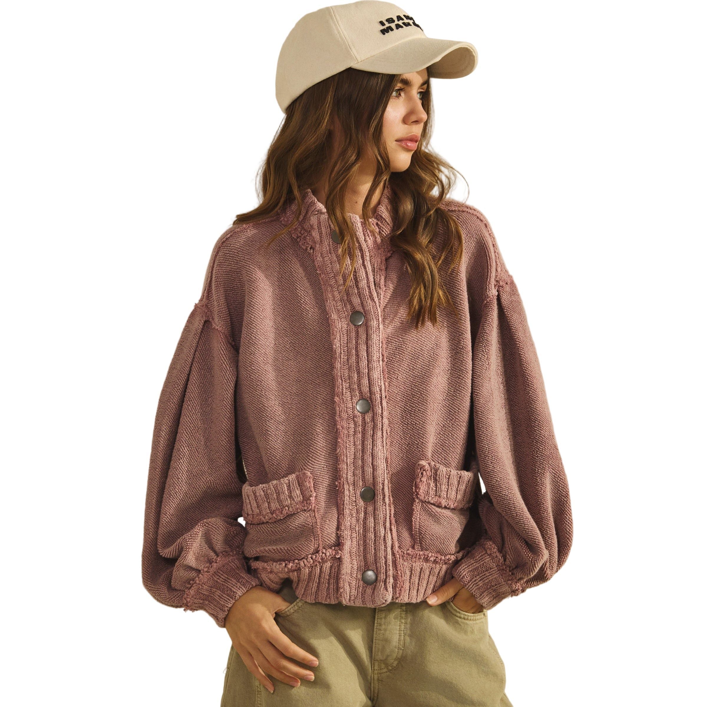 Women's Washed Vintage Ribbed Knit Trim Cardigan Jacket DJ3019-01