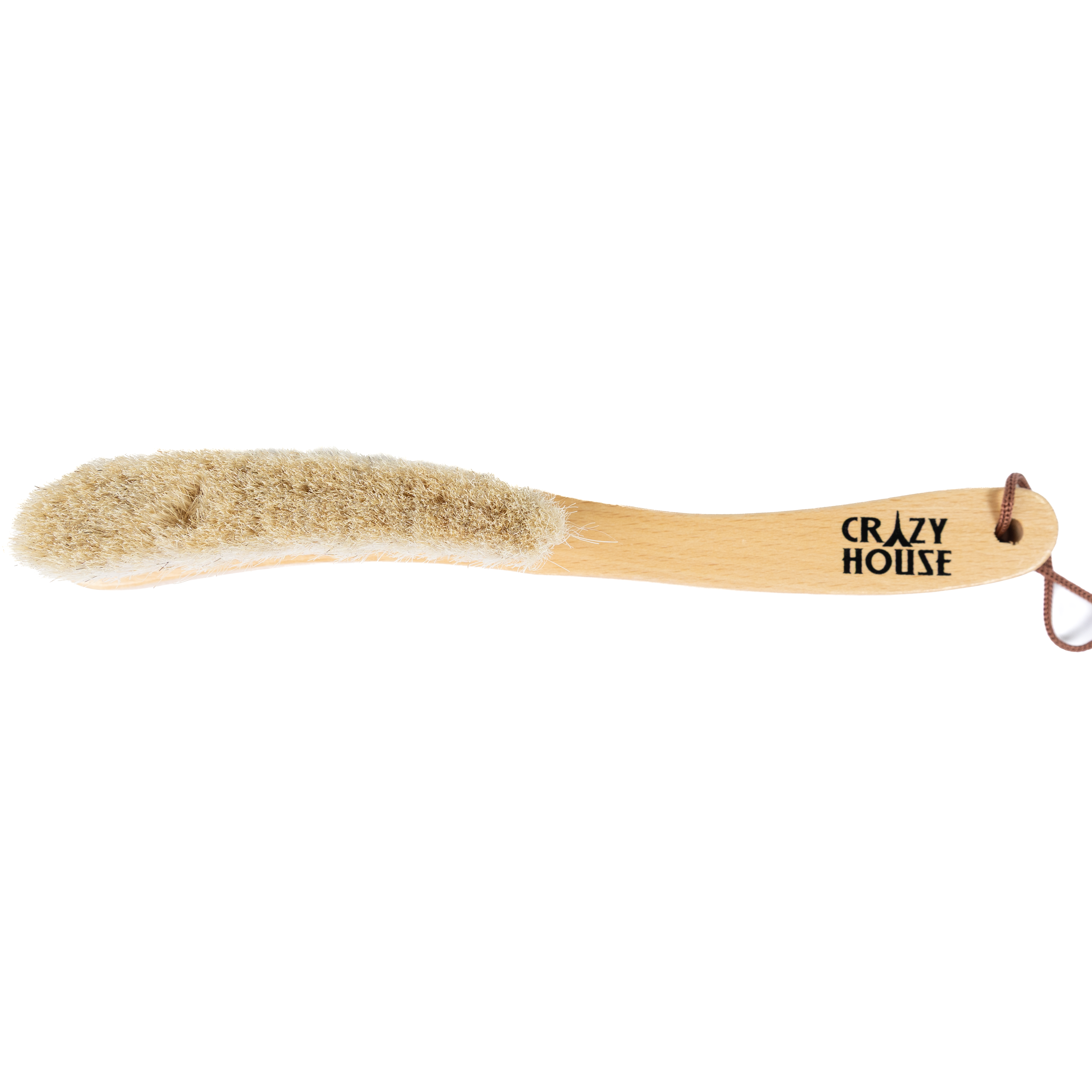 Barely used wooden brush with bristles on a white background, featuring 'Crazy House' branding.
