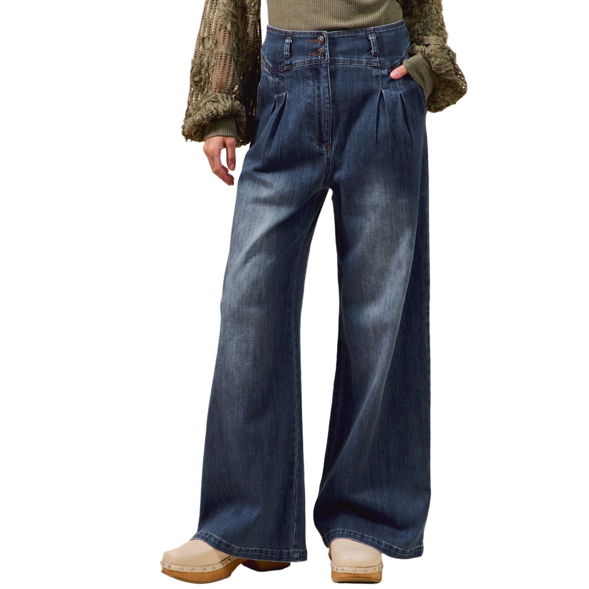 Women's High Waist Pleated Wide Leg Denim Jeans SB8562F-01