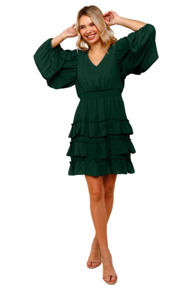 Women's Solid Tiered Ruffle Midi Woven Dress HCD7207A