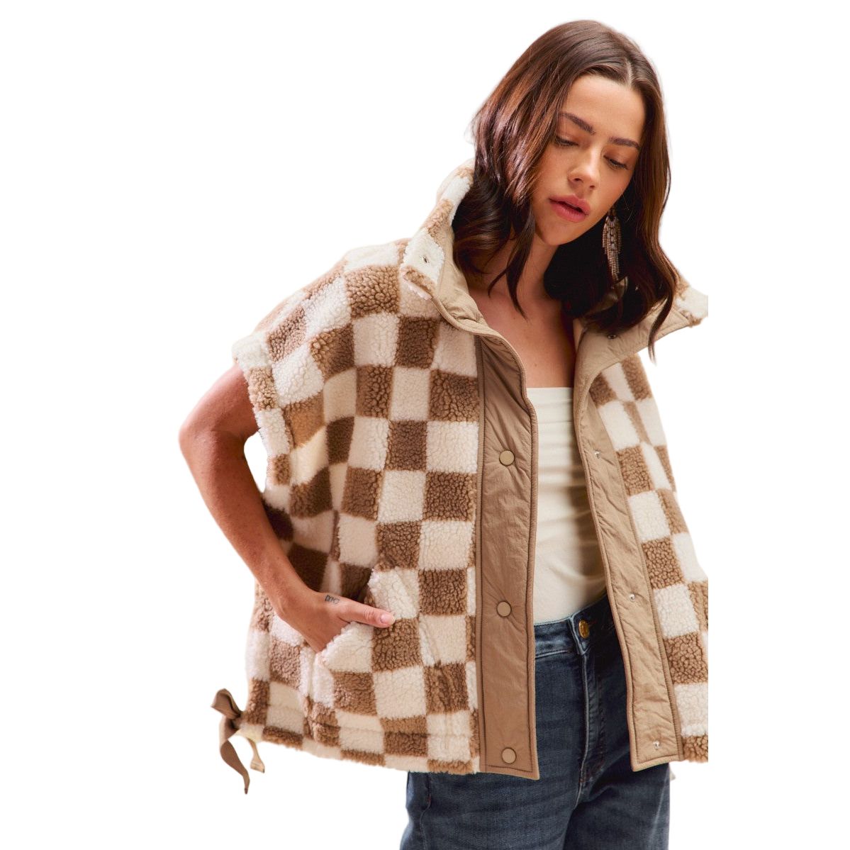 Women's Oversized Sherpa Fleece Checker Vest Jacket ST2049F