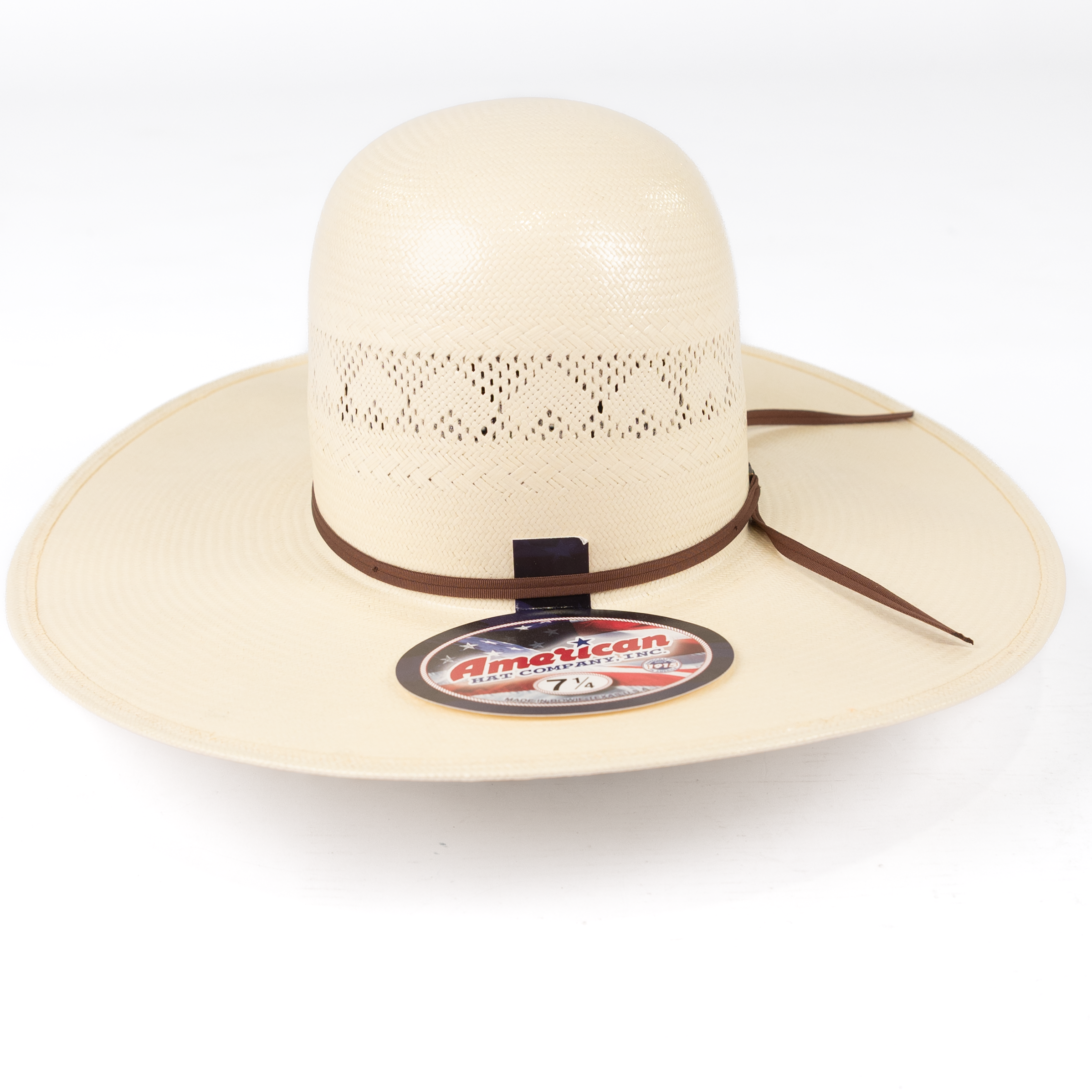 Beige sun hat with a brand logo on a white background