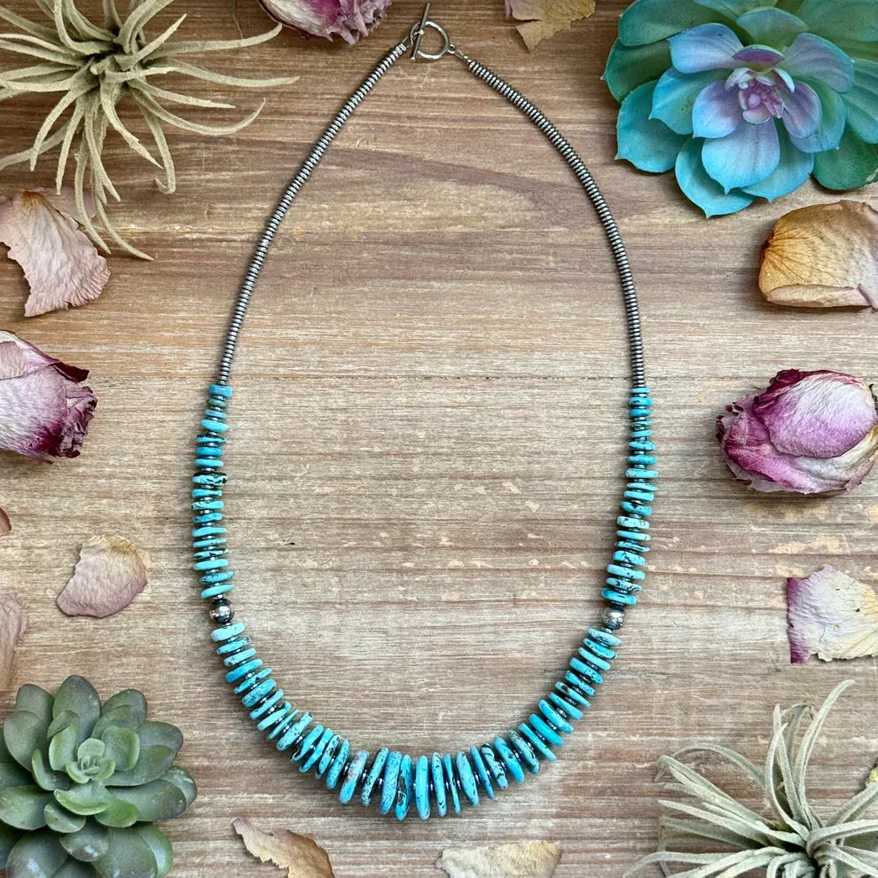 Bijoux Fab Turquoise Graduated Necklace with Sterling Silver Pearls & Hematite NEC-GRA-049-BLU