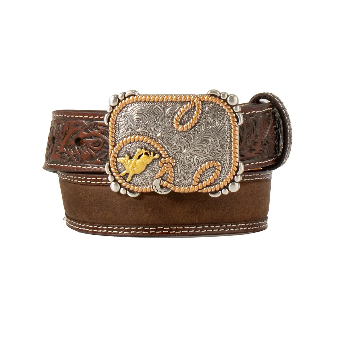 Boy's 3D Brown 100% Leather Belt with Embossed Scrolling Billets D120004202