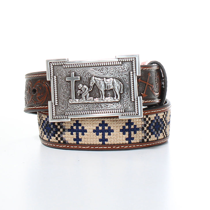 Boy's 3D Brown Genuine Leather Belt with Floral Tooled Tabs D120002402