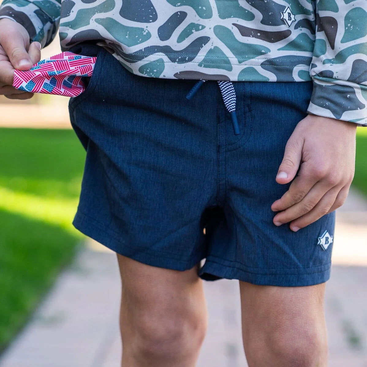 Boy's Burlebo Athletic Short - Heather Navy - American Flag Liner Y-AS-HN-AFP - Crazy House Western Wear