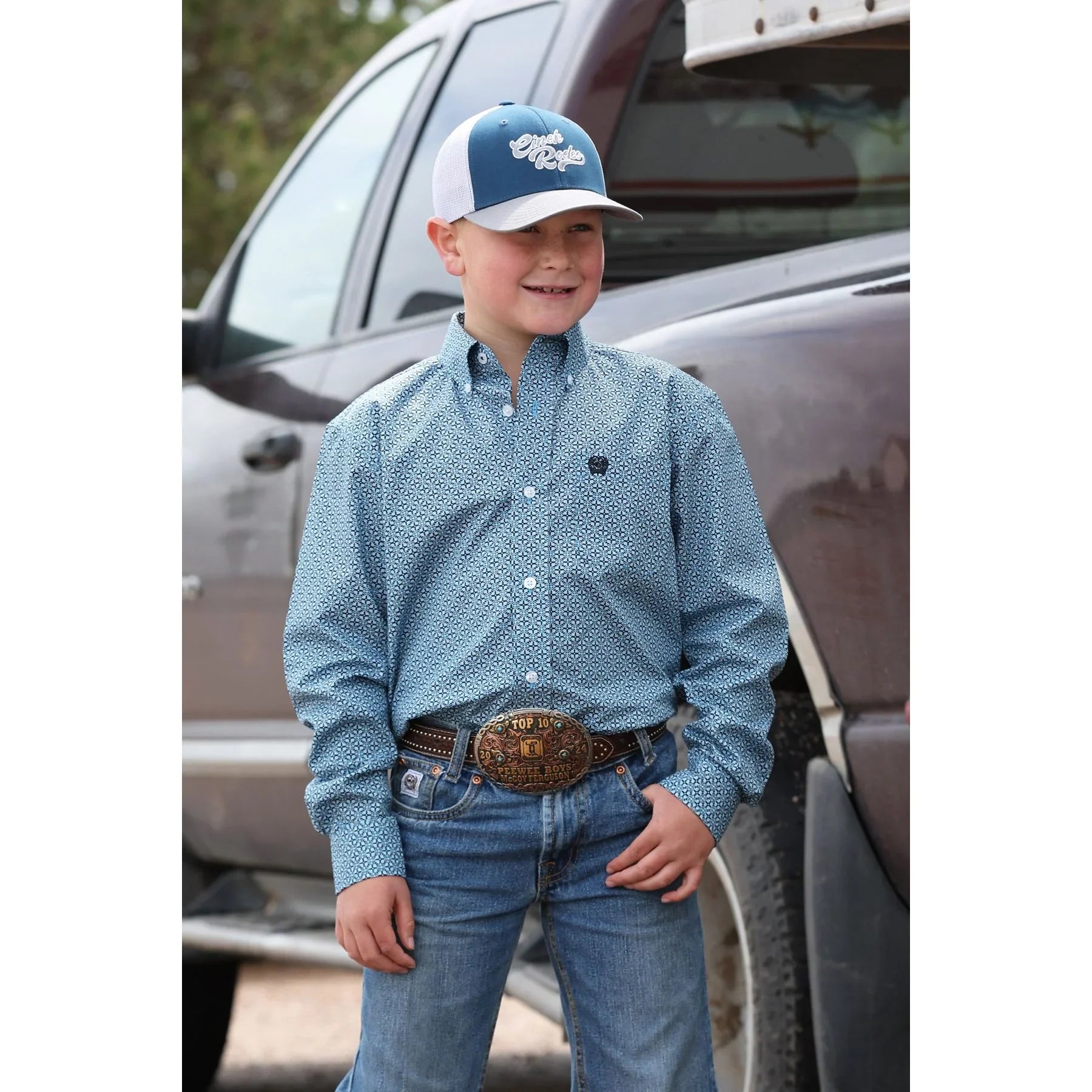 Boy's Cinch Long Sleeve Blue Geometric Print Button Down Shirt MTW7060417