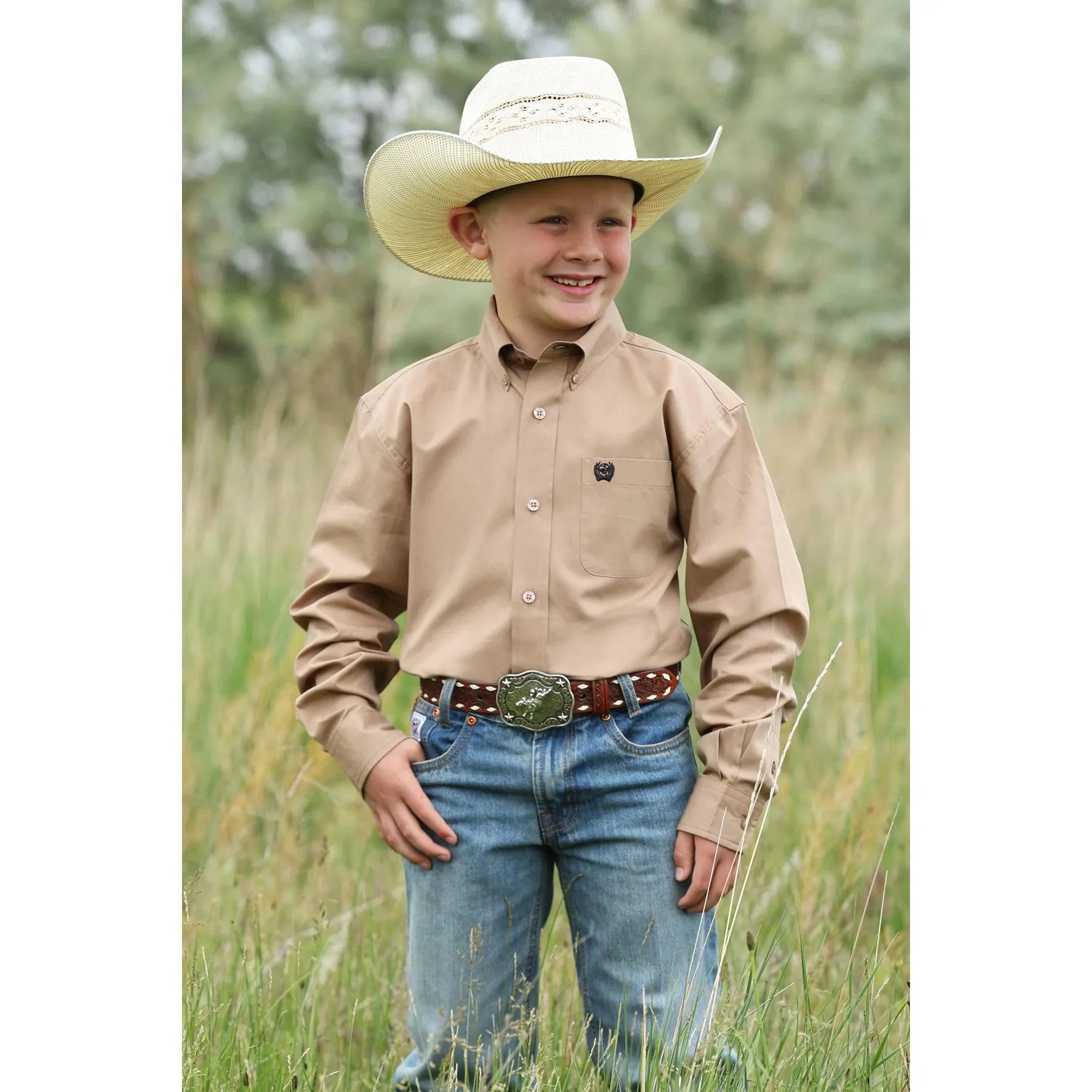 Boy's Cinch Long Sleeve Khaki Brown Button Down Shirt MTW7060418