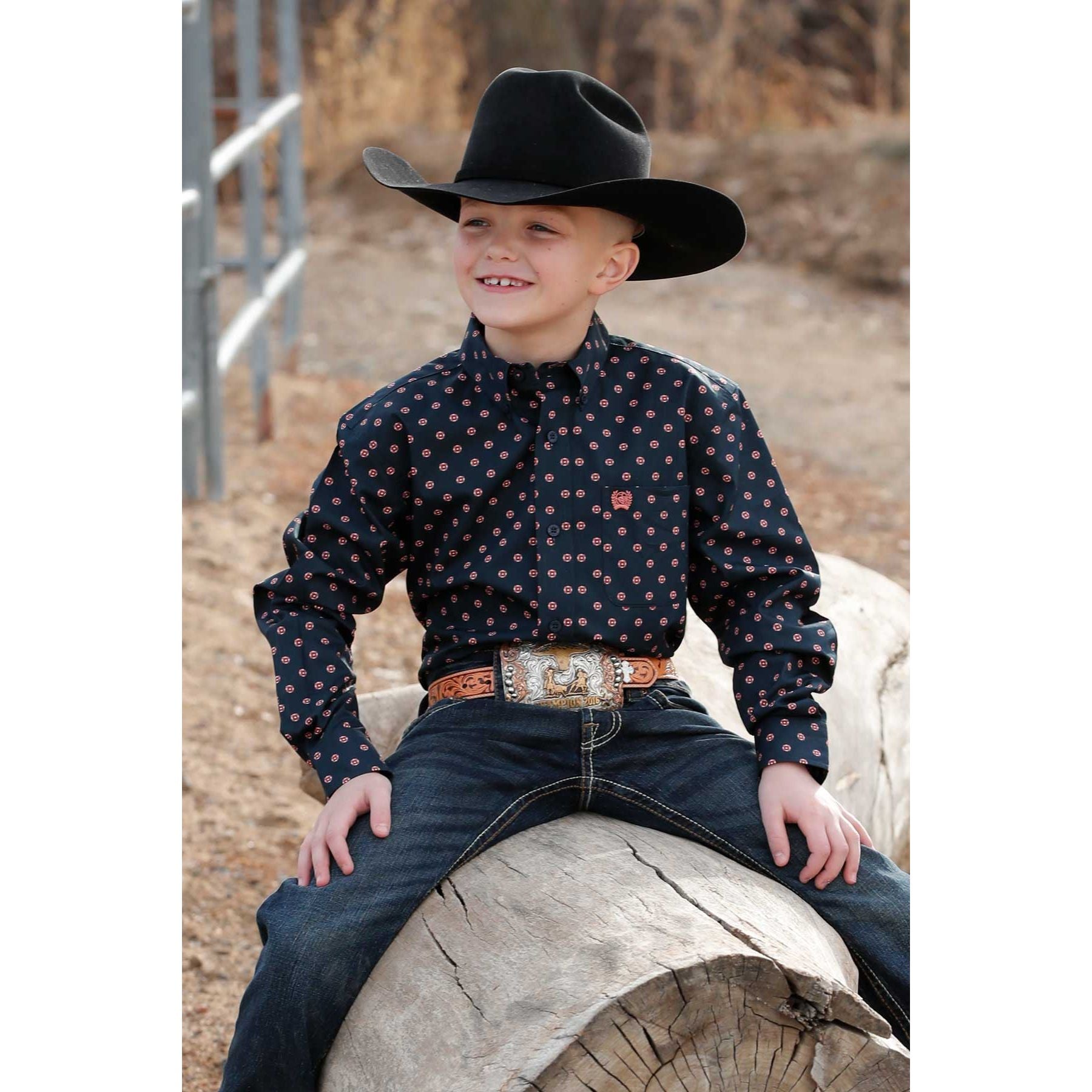 Boy's Cinch Navy Geometric Print Long Sleeve Button Up Shirt MTW7060401