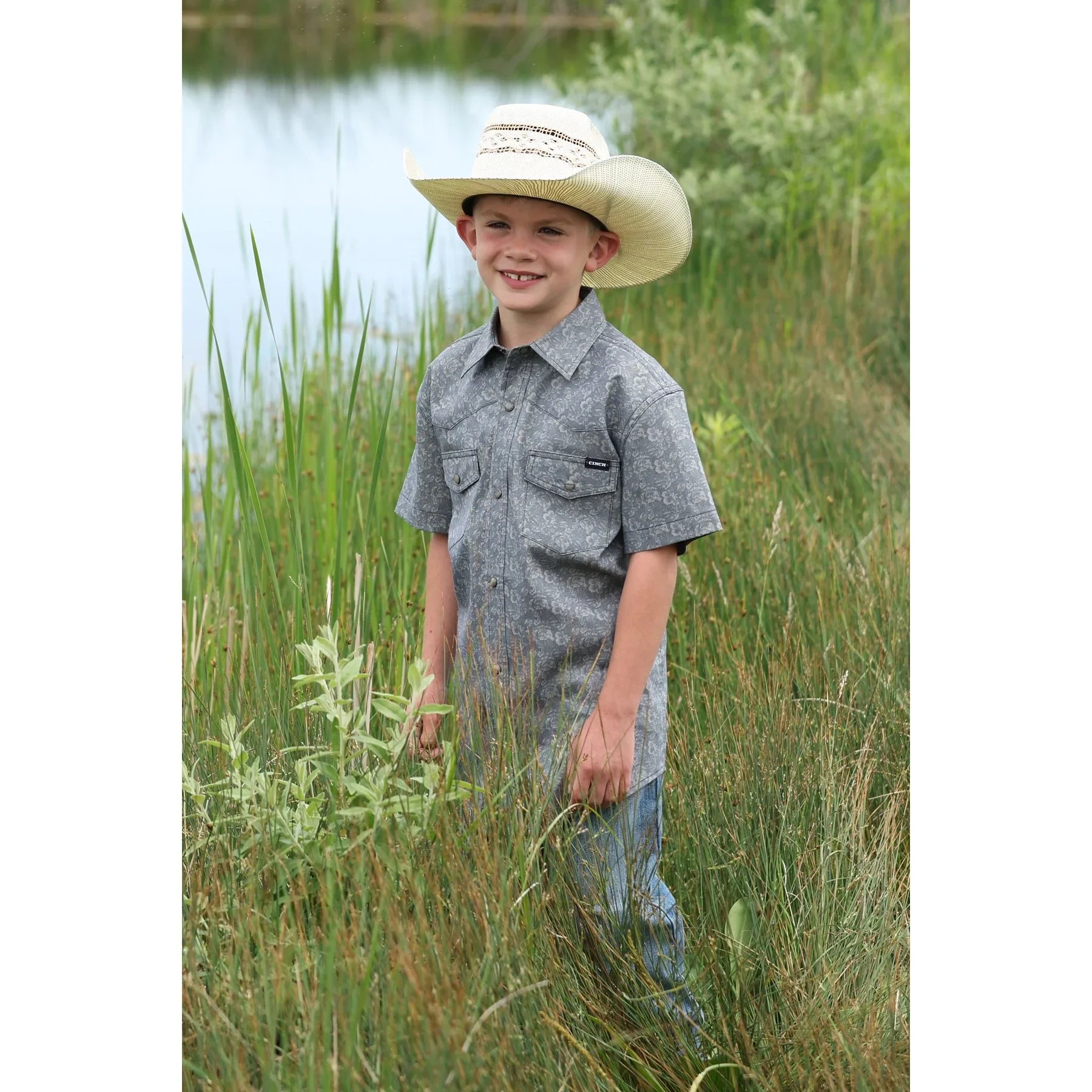 Boy's Cinch Short Sleeve Green Floral Printed Snap Shirt MTW7171001