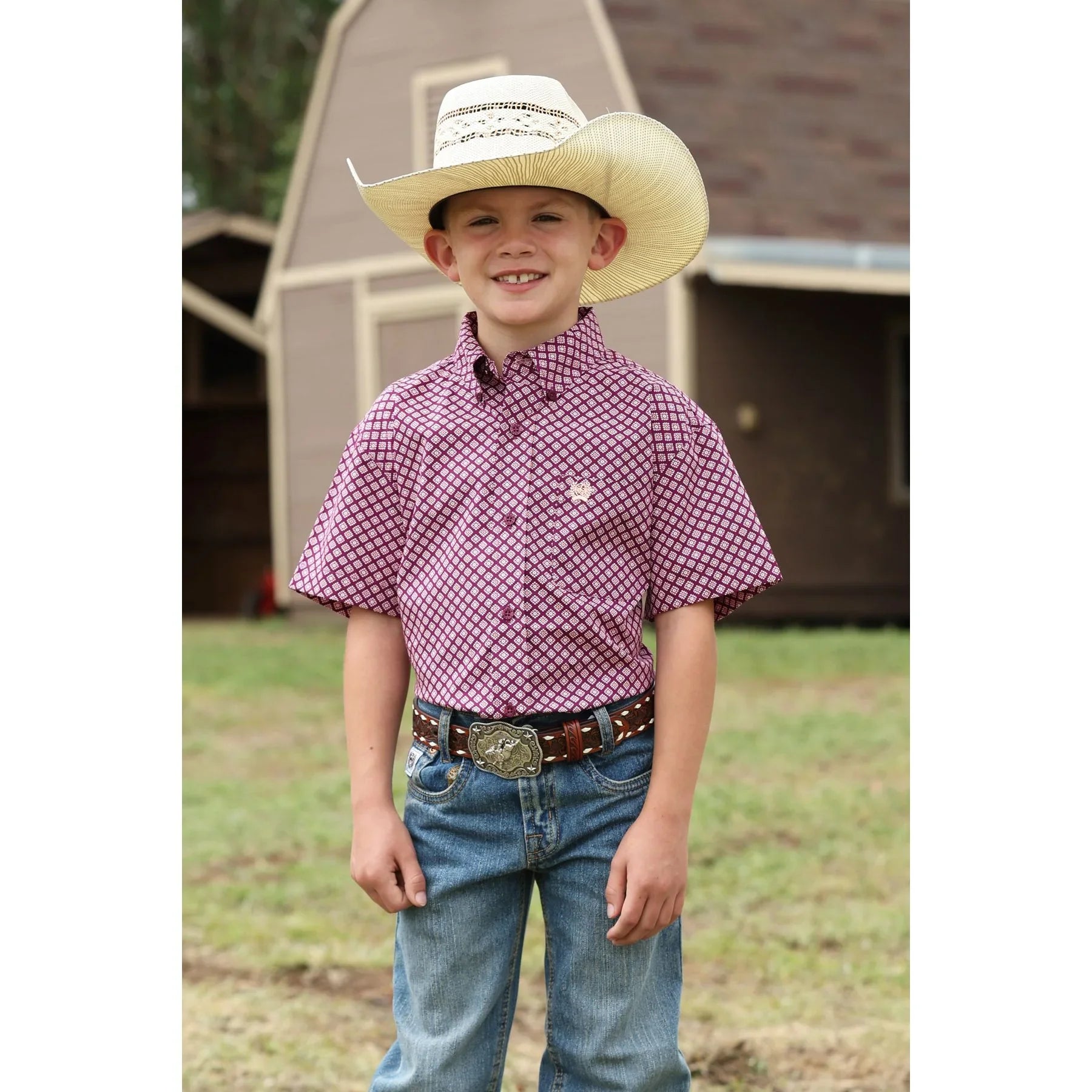 Boy's Cinch Short Sleeve Purple Geo Printed Button Down Shirt MTW7140041