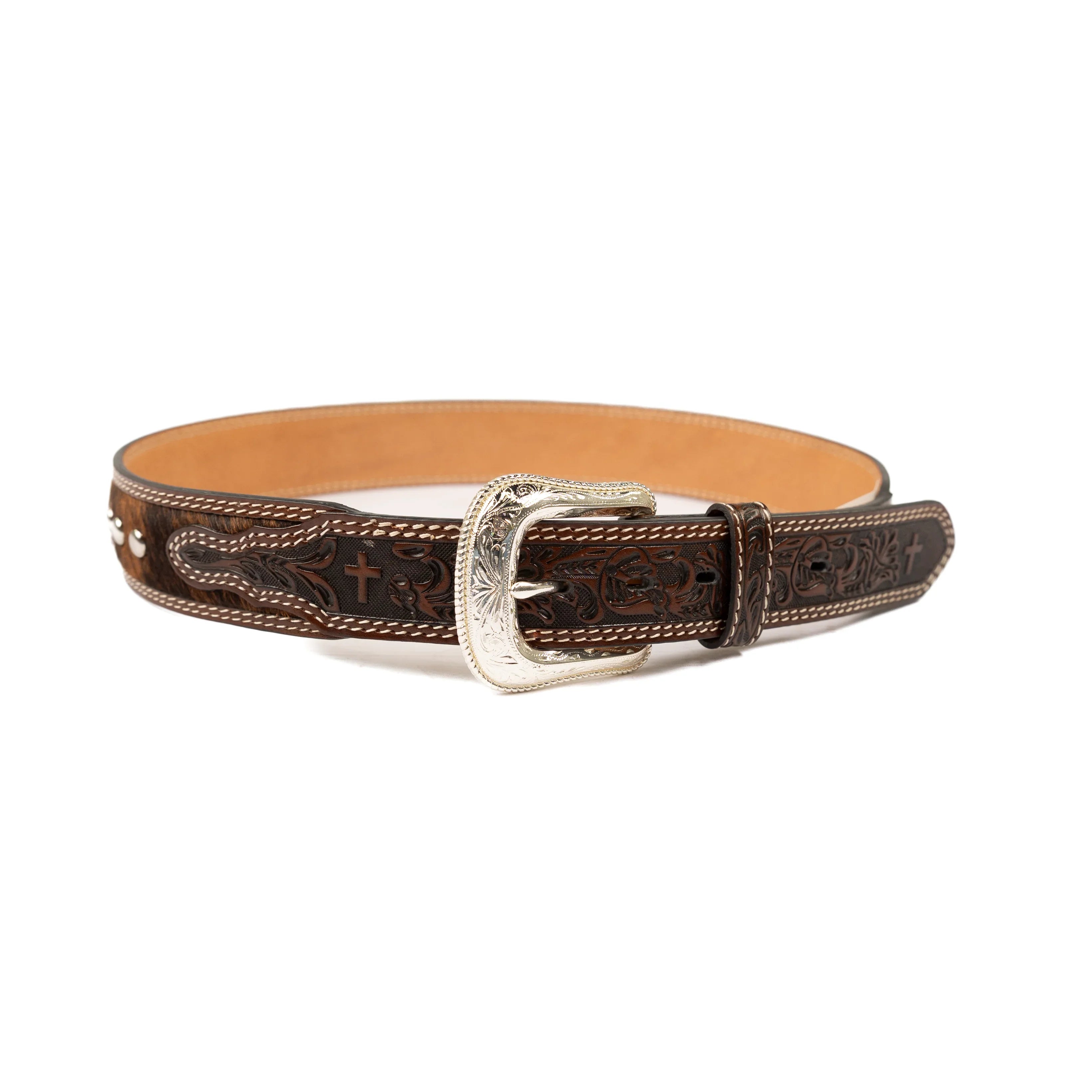 Boy's Cowboy Chrome Brown Leather Belt with Cow Hide 735